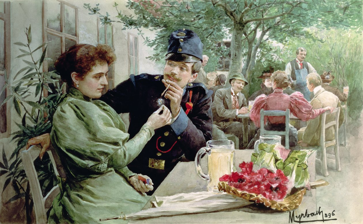 Soldat og en ung jente som drikker ny vin, 1896 av Felicien baron de Myrbach Rheinfeld