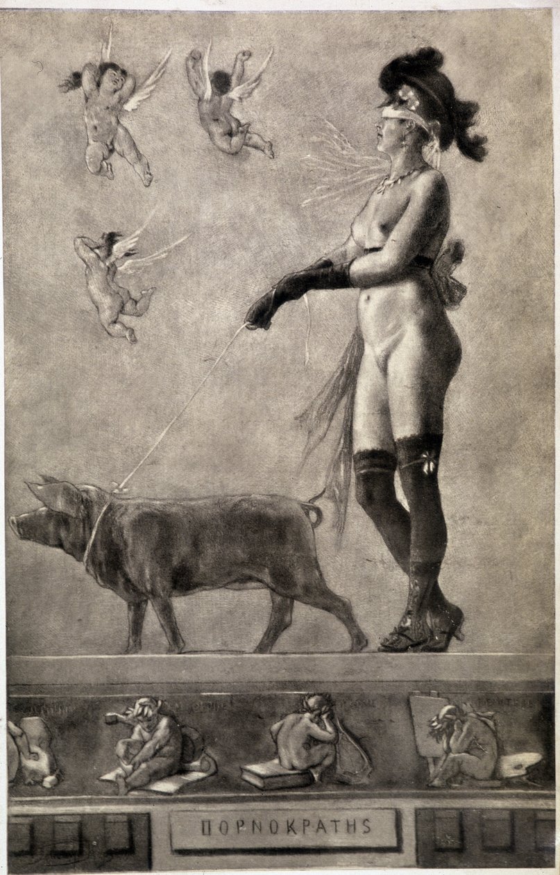 Pornokrates (Naken kvinne, strimler av øynene, omgitt av engler og holder en gris i bånd) - tegning av Felicien Rops (1833-1898) av Félicien Rops