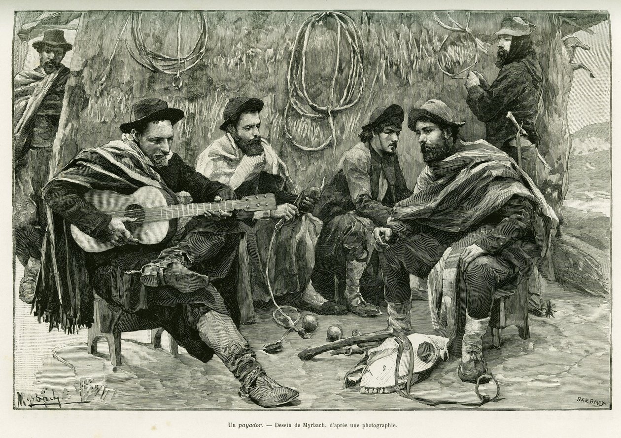 En payador, duell i vers av vandrende sangere. Gravering av Myrbach, for å illustrere historien Voyage a la Plata, i 1886, av Emile Daireaux, i le tour du monde 1888, regissert av Edouard Charton (1807-1890), Hachette, Paris. av Felicien baron de Myrbach Rheinfeld