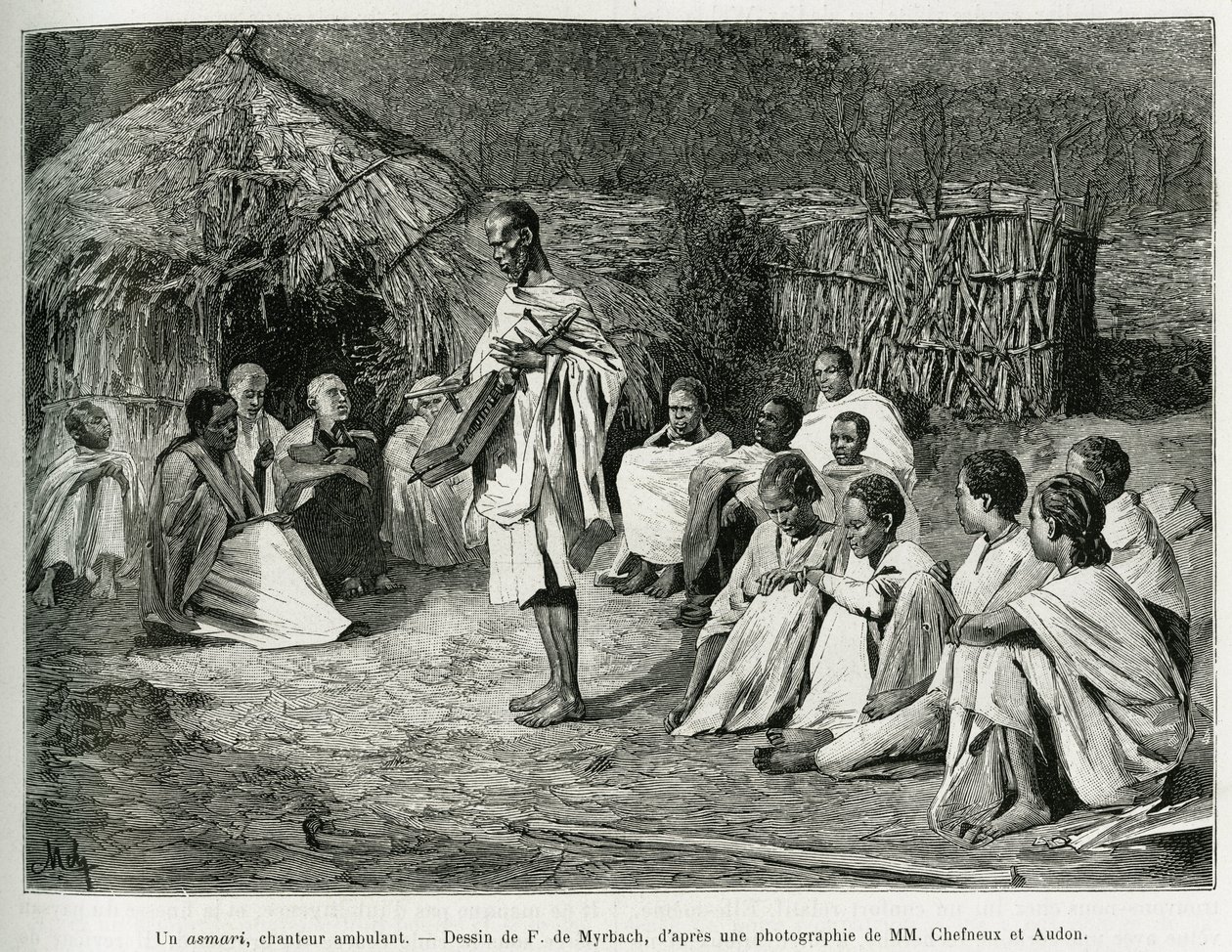 En asmari, en vandrende sanger. Gravering av F.De Myrbach, etter et fotografi, for å illustrere historien Voyage au Choa (Abyssinie meridionale), i 1884-1888, av Henry Audon, i le tour du monde 1889, regissert av Edouard Charton (1807-1890), Hachette , Par av Felicien baron de Myrbach Rheinfeld