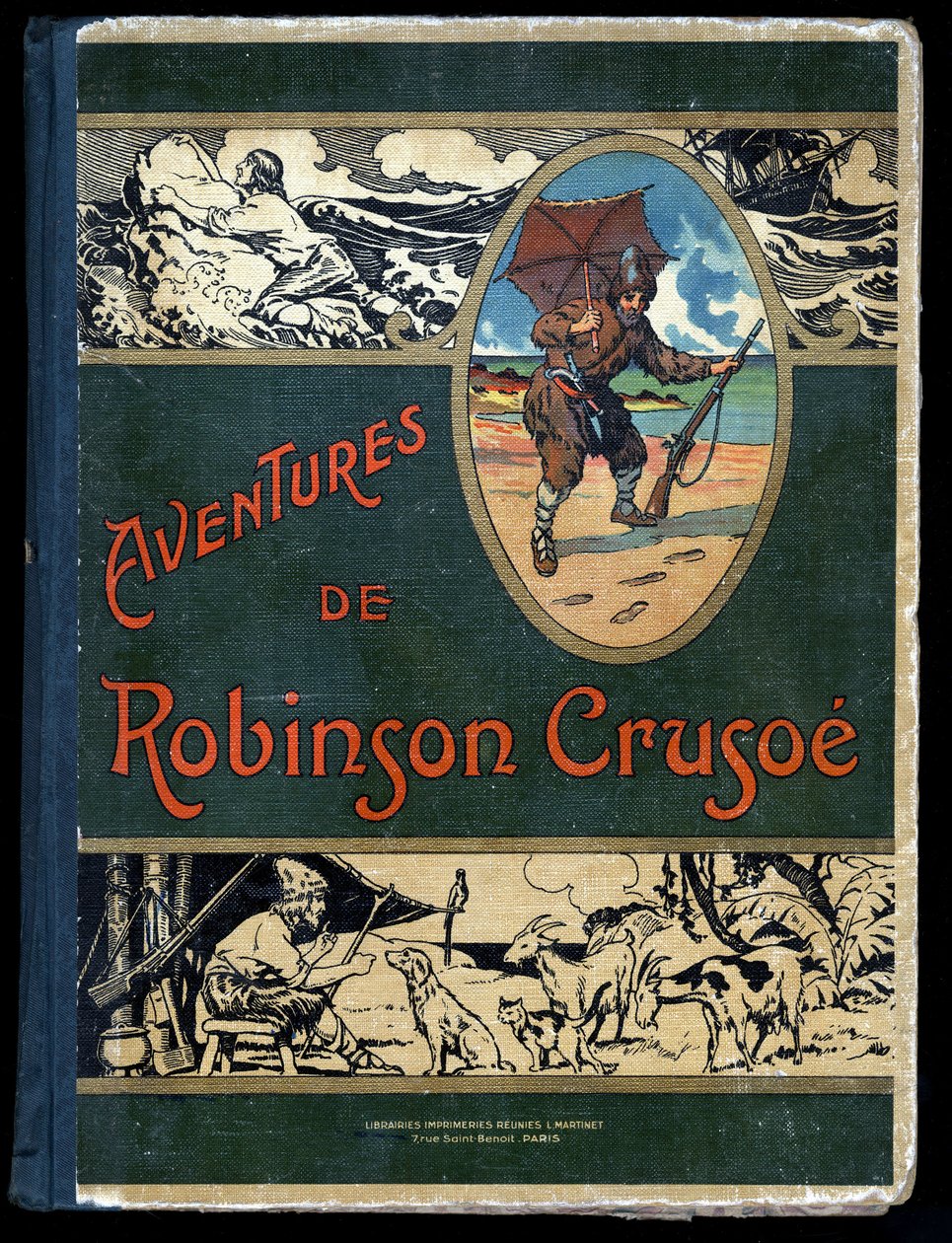 Book cover Robinson Crusoe: Illustration by Felician MYRBACH MYRBACH RHEINFELD (1853-1940) For the Book of Daniel Defoe (De foe) Robinson Crusoe.Bibliotheque de la Jeunesse et de l