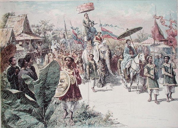 Cortege for guvernøren i Hanoi, ca. 1870-80 (farge litho) av Felicien baron de Myrbach Rheinfeld