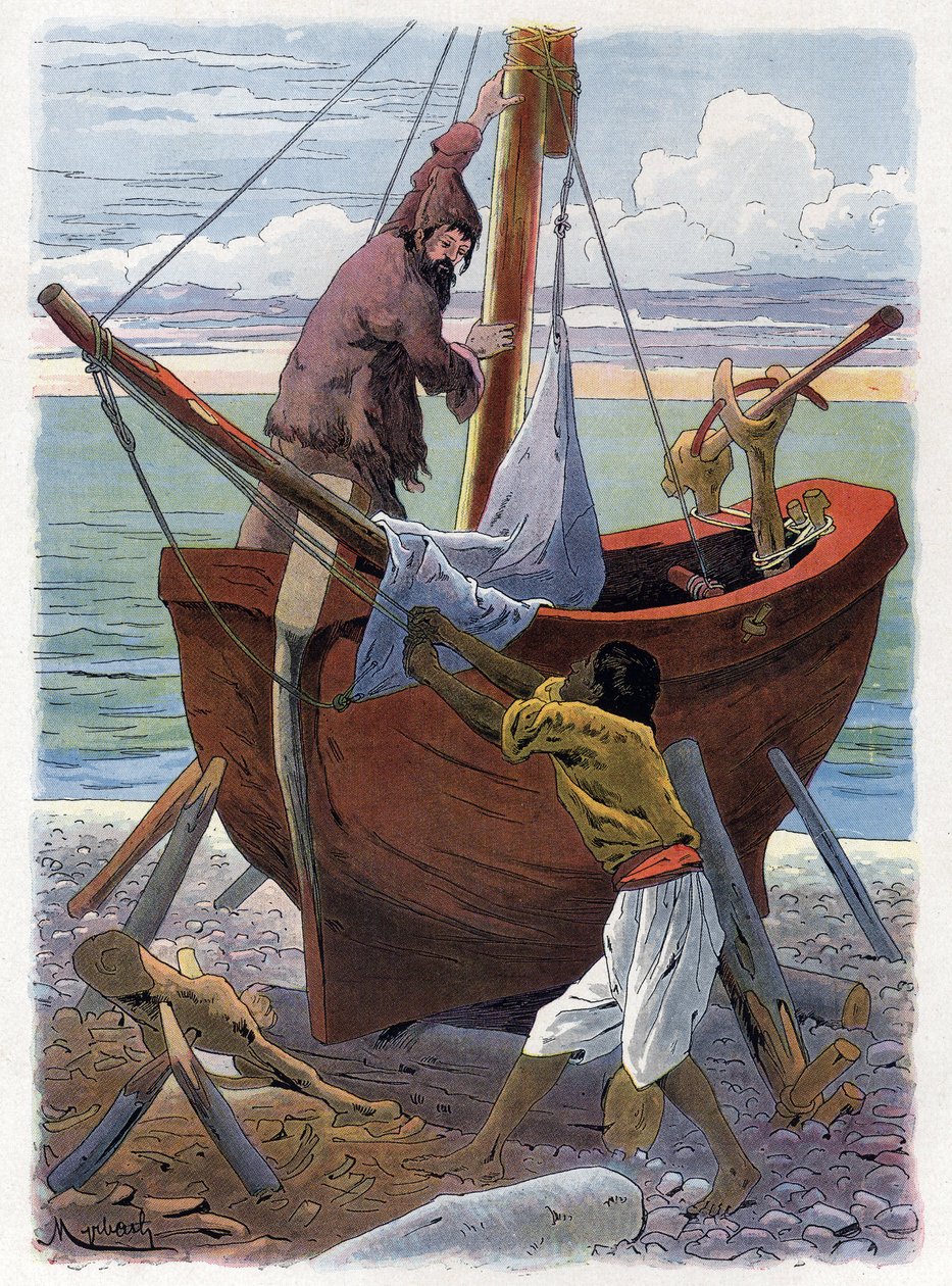 Robinson Crusoe og Friday bygger en båt. av Felicien baron de Myrbach Rheinfeld