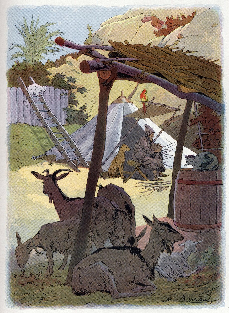 Robinson Crusoe hjemme med dyrene sine. av Felicien baron de Myrbach Rheinfeld