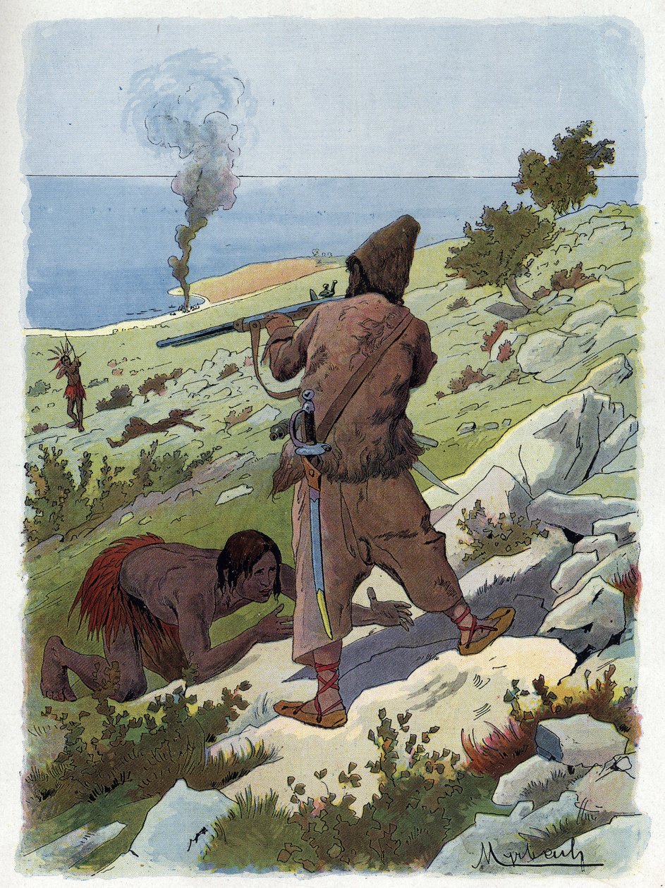 Robinson Crusoe dreper villmennene som jager fredag. av Felicien baron de Myrbach Rheinfeld