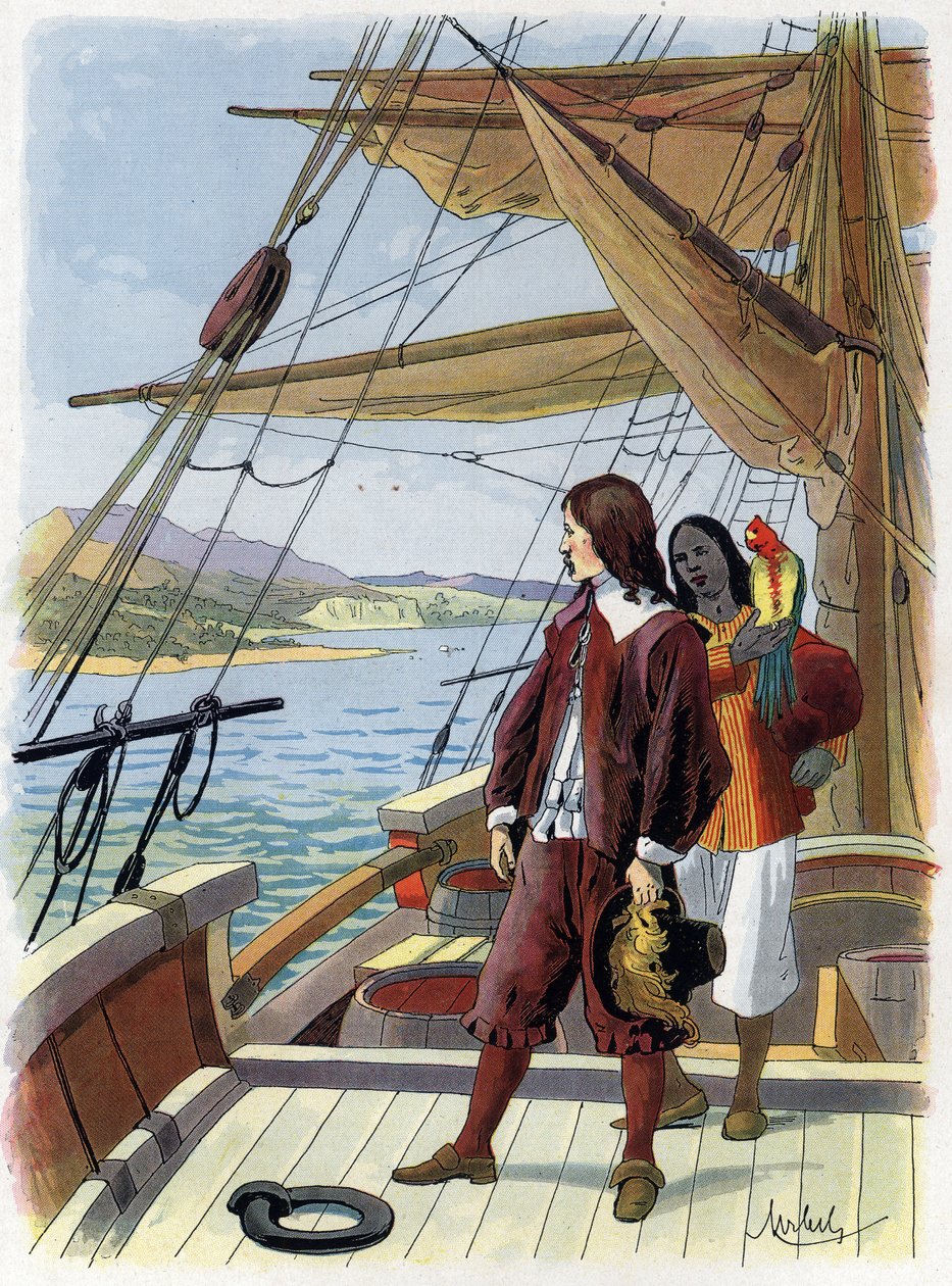 Robinson Crusoe leaves his island - Illustration by Felician MYRBACH MYRBACH RHEINFELD (1853-1940) For the Book of Daniel Defoe (De foe) Robinson Crusoe. No Date. About 1934 av Felicien baron de Myrbach Rheinfeld