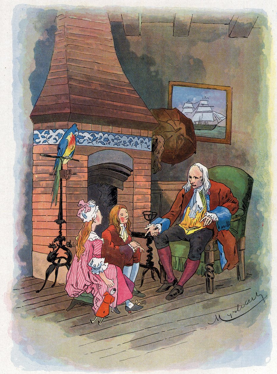 Robinson Crusoe forteller barna sine om eventyrene sine. Illustrasjon av Felician MYRBACH MYRBACH RHEINFELD (1853-1940) For boken til Daniel Defoe (De foe) Robinson Crusoe. Ingen dato. Omtrent 1934 av Felicien baron de Myrbach Rheinfeld