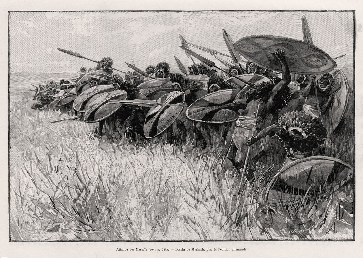 Massais-angrepet. Gravering av Myrbach for å illustrere historien "" Au secours d