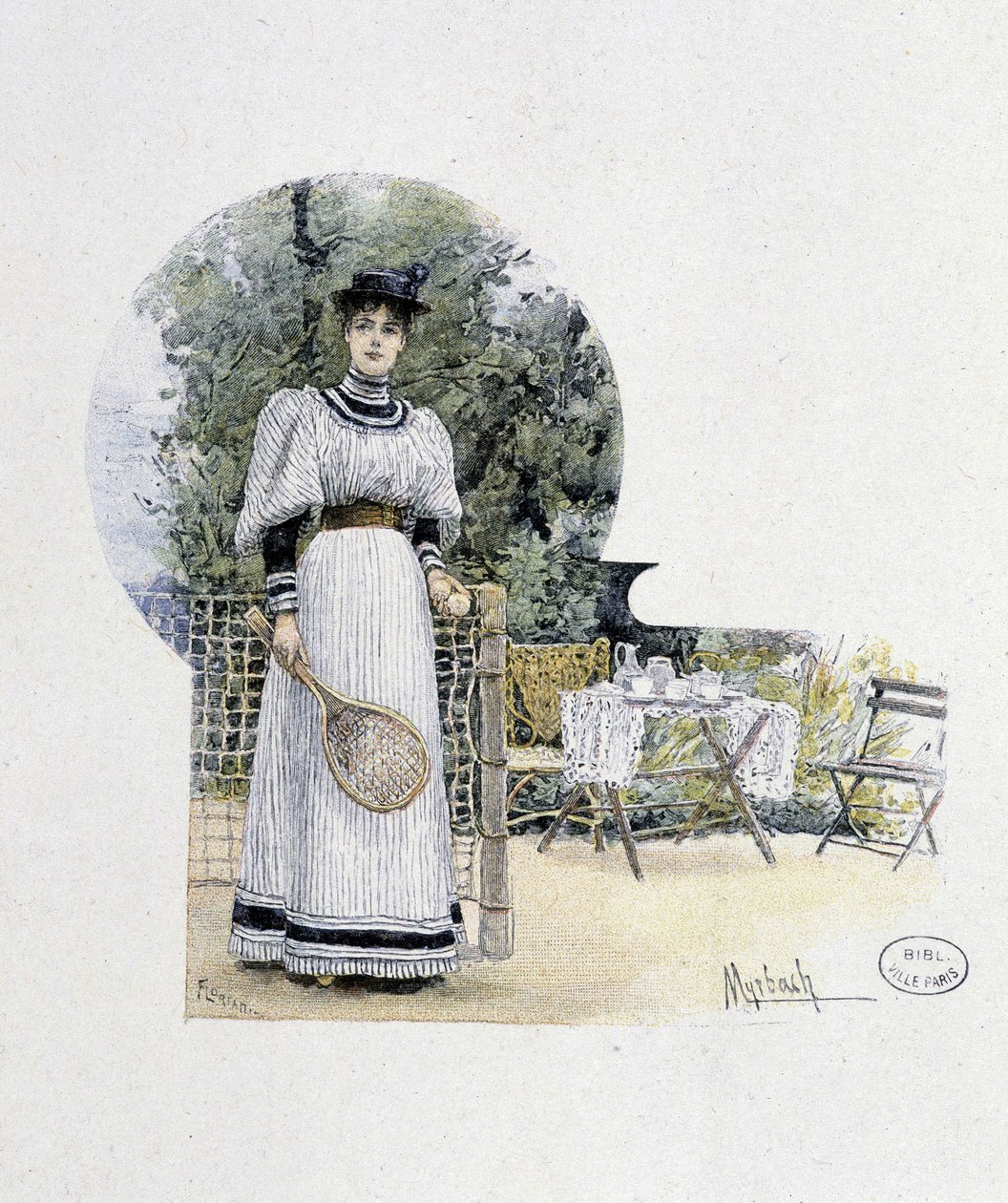 Ung kvinne på en tennisbane - gravering, sent på 1800-tallet av Felicien baron de Myrbach Rheinfeld
