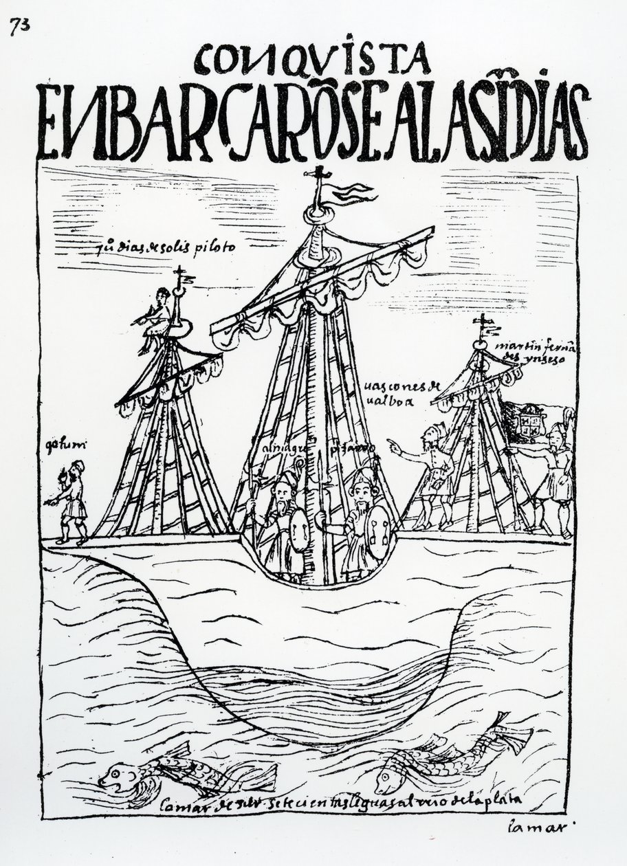 Reisen til den nye verden tatt av Christopher Columbus, Juan Diaz de Solis, Diego de Almagro, Francisco Pizarro, Vasco Nunez de Balboa og Martin Fernandez de Enciso av Felipe Huaman Poma de Ayala
