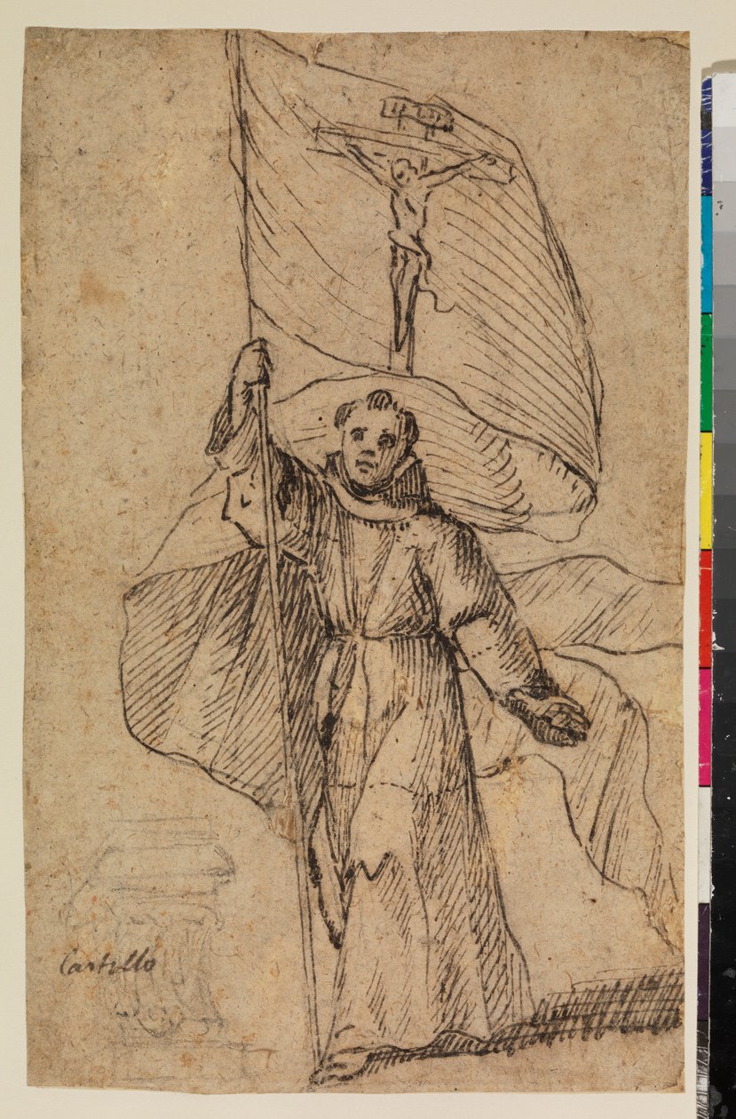 Franciscan monk holding a banner with the Crucifix   1409119   no       norwegian Successfully Translated  Original: Man op een schilderijenveiling At a sale of Pictures (title on object) Translat: Man op een schilderijenveiling At a sale of Pictures (titl av Felipe Gomez de Valencia
