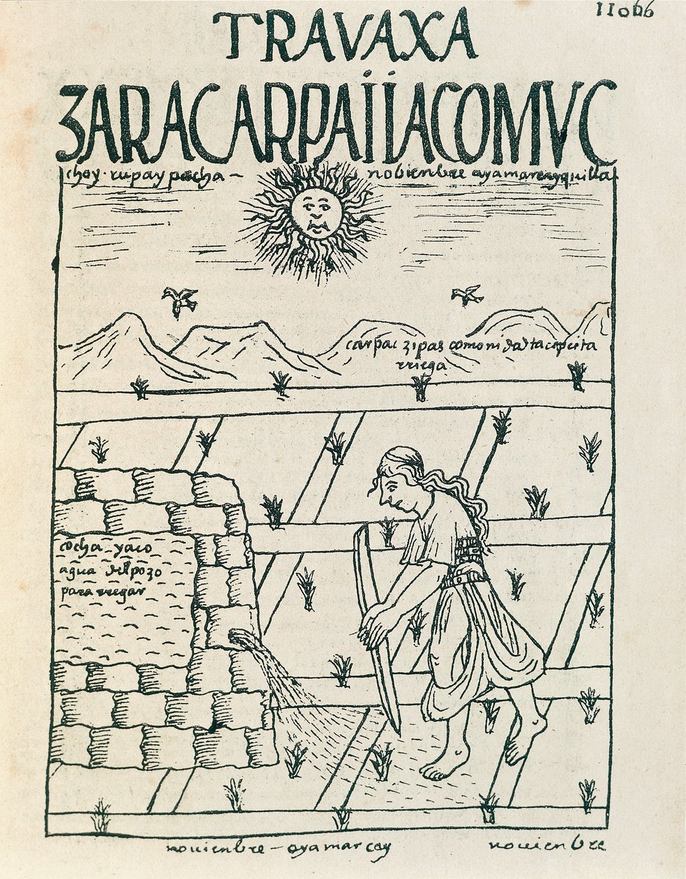 En bonde som vanner åkeren sin i november (blekktegning av Felipe Huaman Poma de Ayala