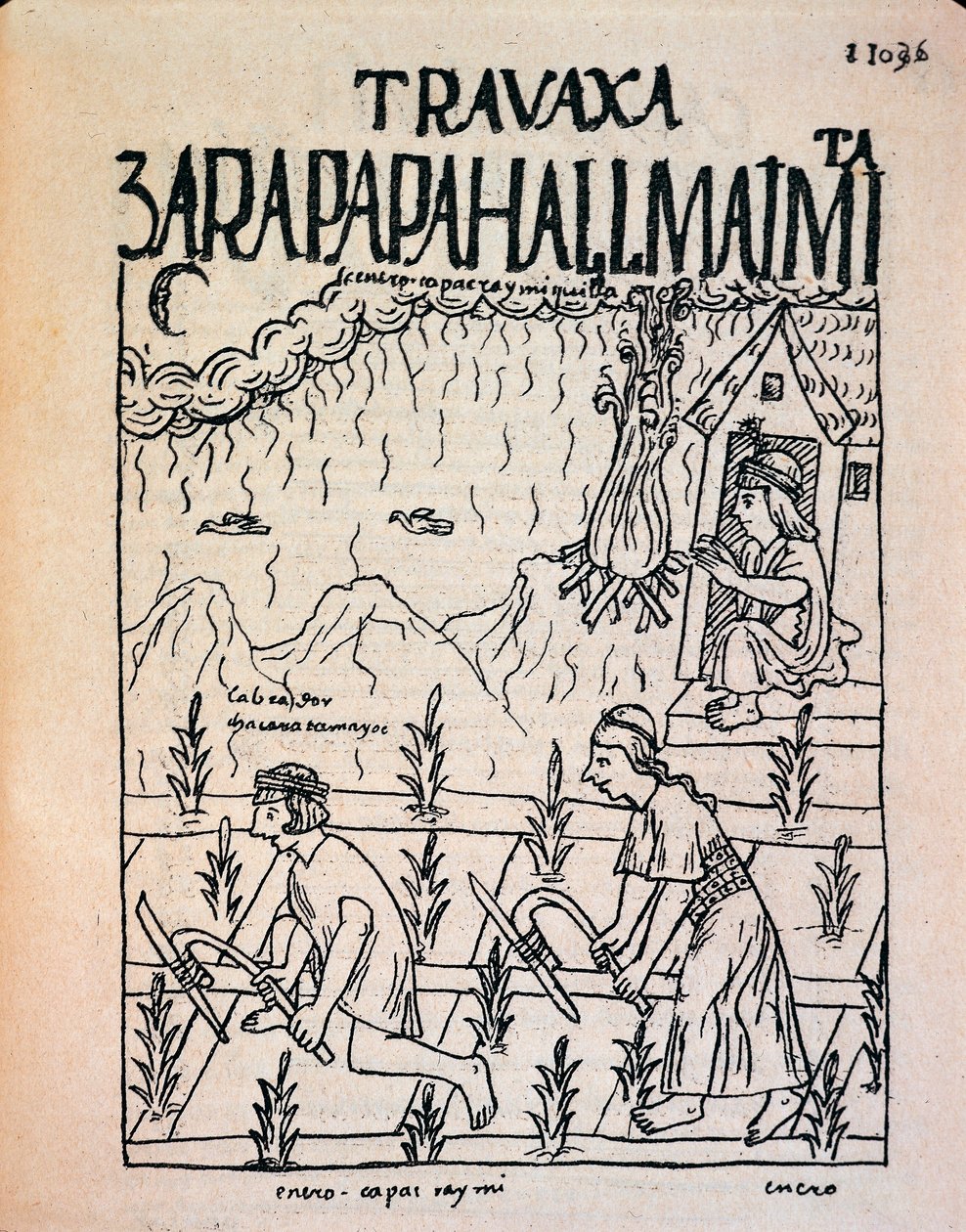 Et Inca Hatun Runa-par som jobber på marka i januar (blekktegning av Felipe Huaman Poma de Ayala