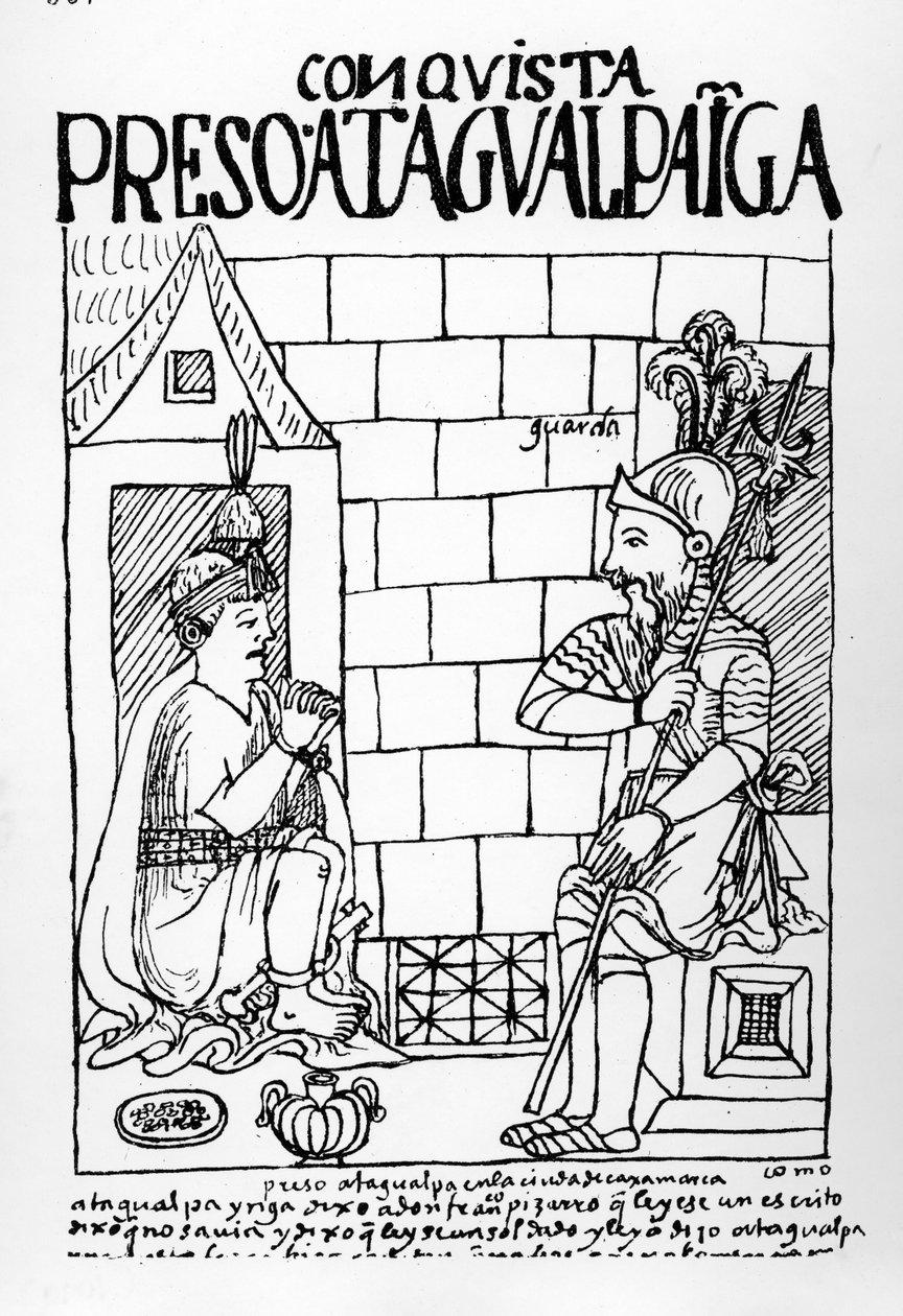 Atahualpa Inca i fengselet sitt i Cajamarca av Felipe Huaman Poma de Ayala