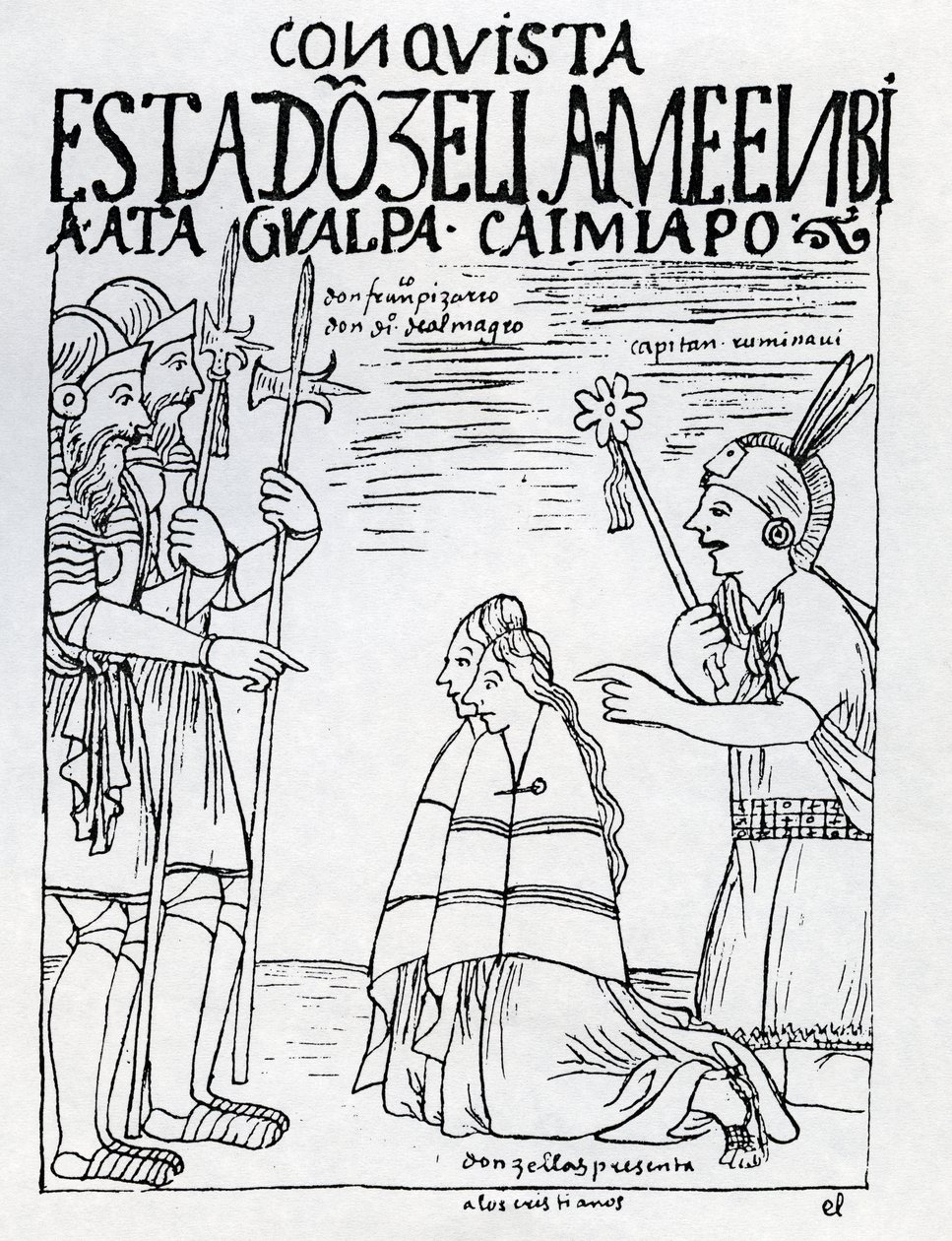 Kaptein Ruminavi presenterer Francisco Pizarro og Diego de Almagro med to kvinner av Felipe Huaman Poma de Ayala