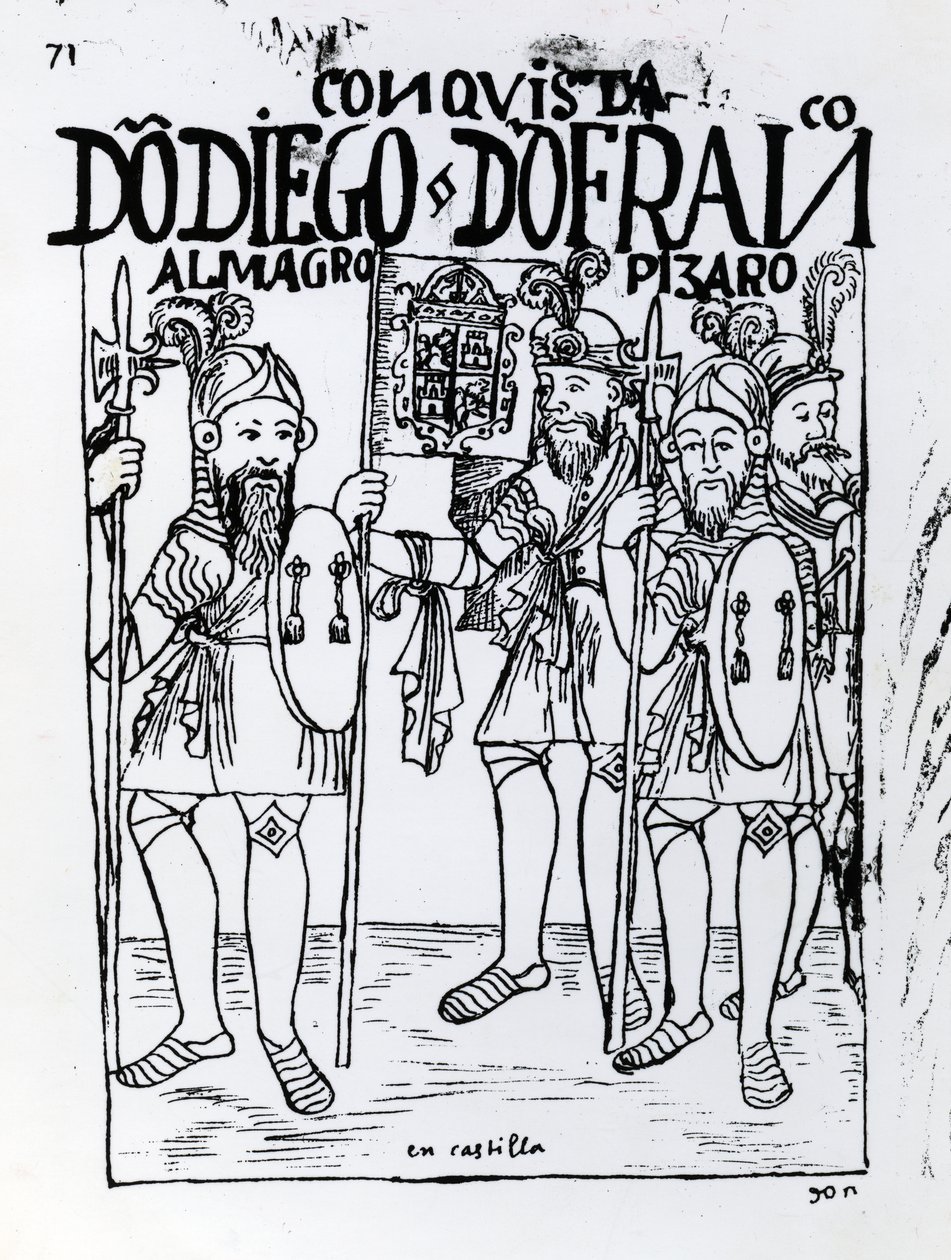 Conquistadorene Diego de Almagro og Francisco Pizarro forsonet seg på Castille av Felipe Huaman Poma de Ayala