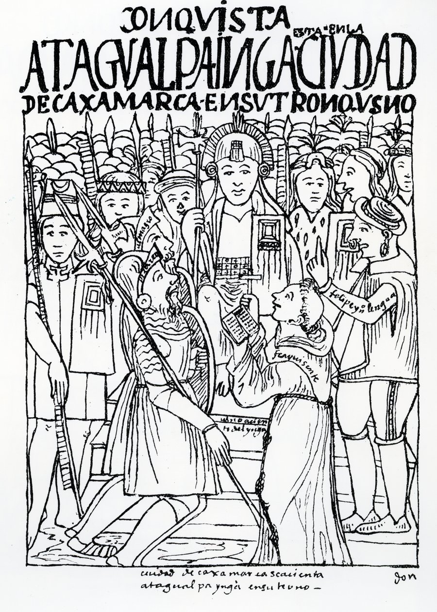 Diego de Almagro, Francisco Pizarro og Friar Vicente de Valverde kneler foran Atahualpa Inca ved Cajamarca av Felipe Huaman Poma de Ayala