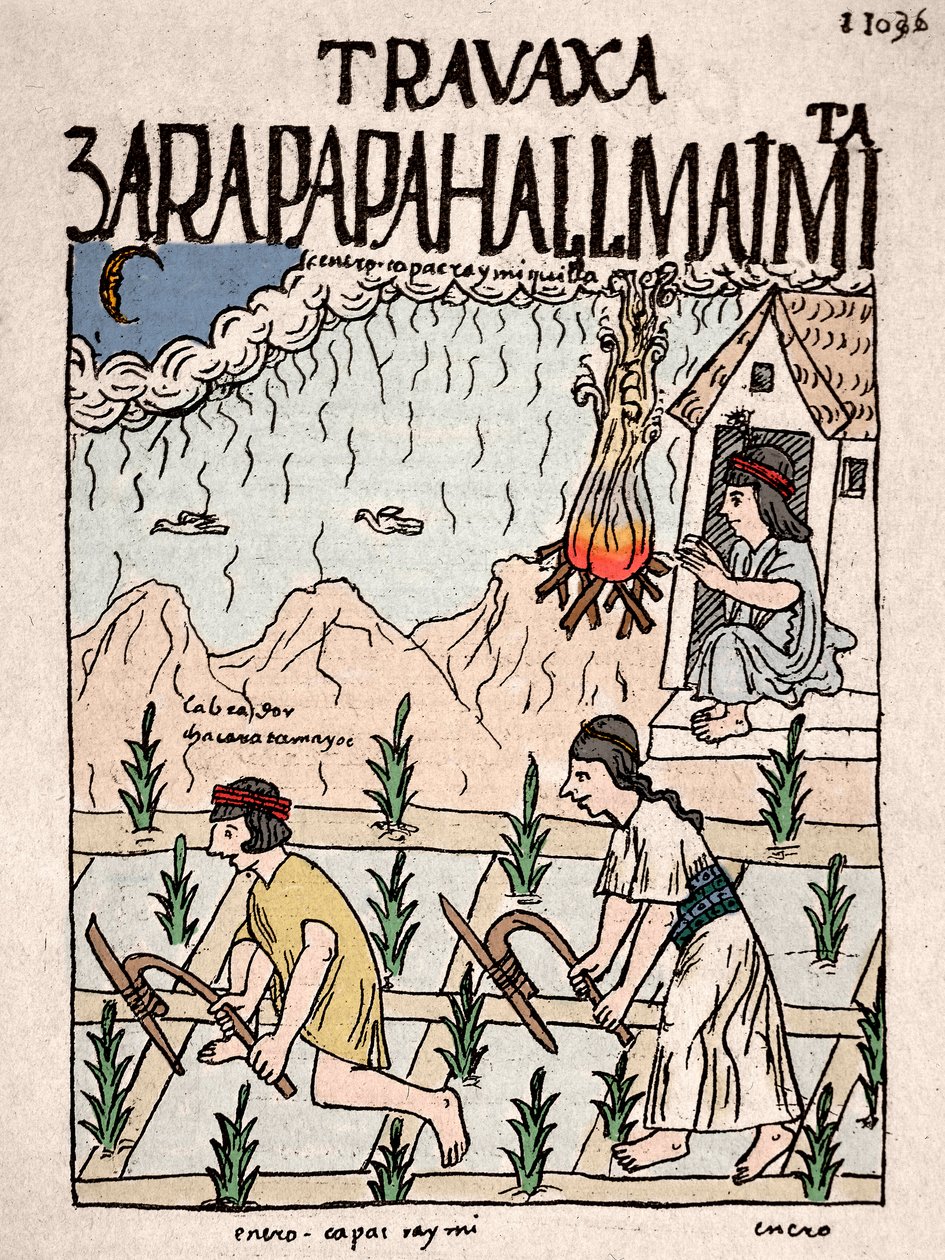 Inca Empire: Et indisk par fra Hatun Runa-klassen arbeider landet i januar - Blekktegning fra Don Felipe Puma de Ayalas manuskript "Nueva coronica y buen gobierno" som illustrerer inkaenes liv - 1500-tallet (Et indisk par fra Hatun runa av Felipe Huaman Poma de Ayala