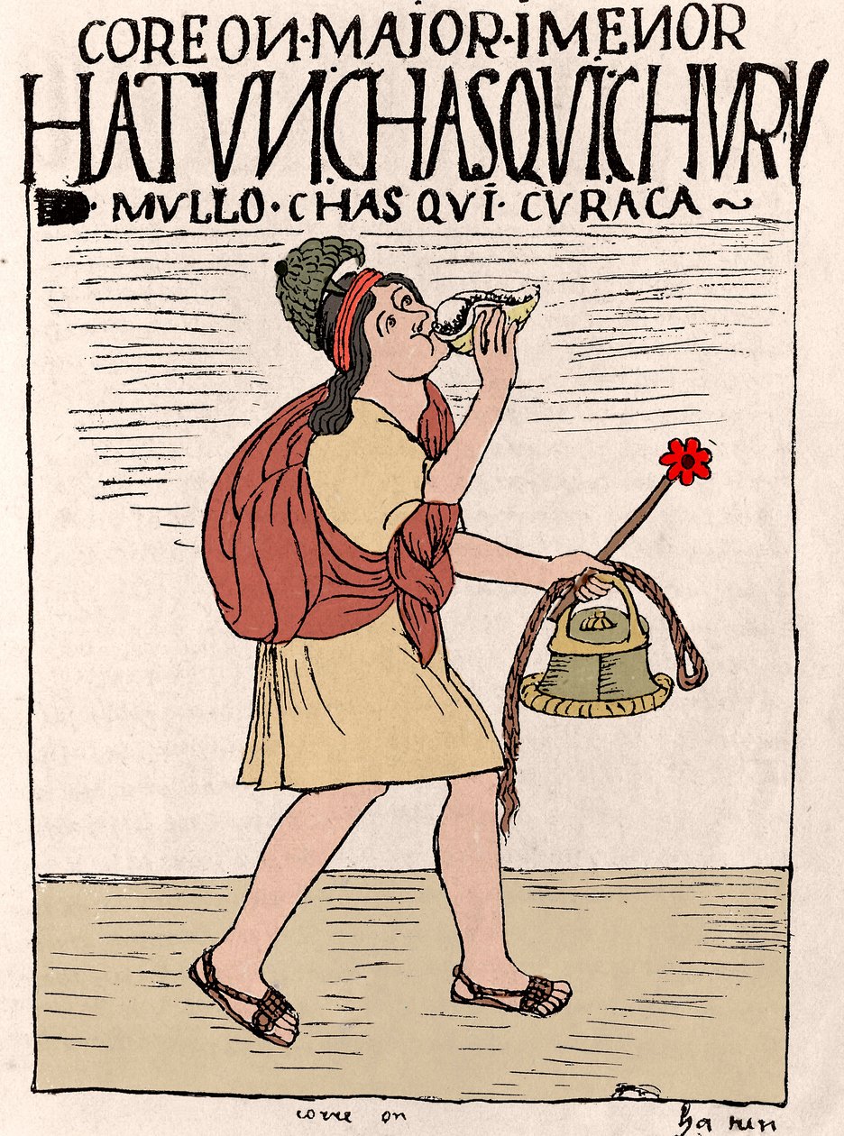 Inca Empire: The Chasquis (eller Chaskis), messenger-løper, med en qipi på ryggen og holder Quipu (Quipo, Quipou) ”” av Don Felipe Puma de Ayala i av Felipe Huaman Poma de Ayala