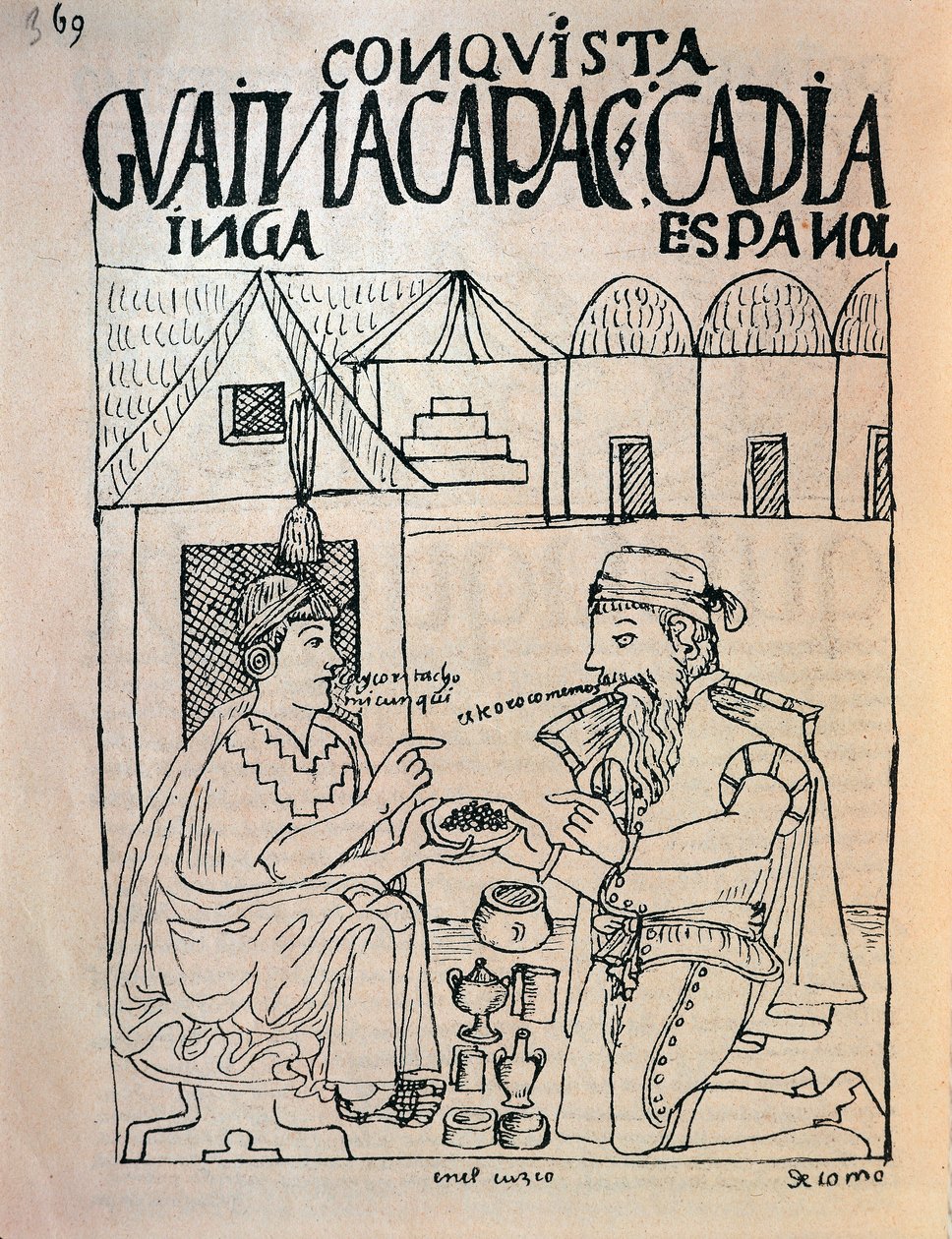 Inka fra Cuzco og engelsk conquistador mottar gaver i bytte mot inkakeiseren Atahualpas frihet (blekktegning av Felipe Huaman Poma de Ayala