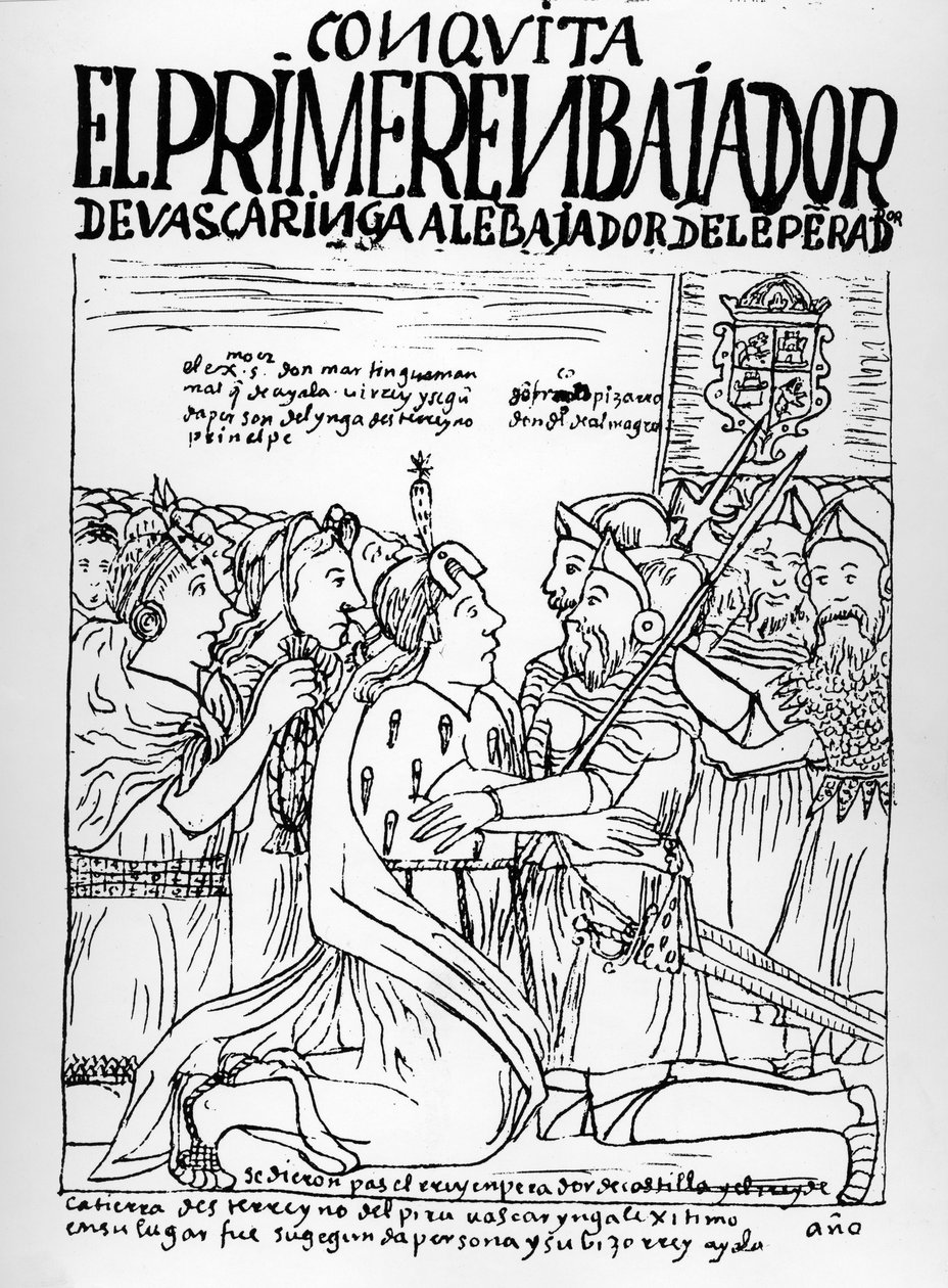 Martin de Ayala hilser på Francisco Pizarro og Diego de Almagro av Felipe Huaman Poma de Ayala