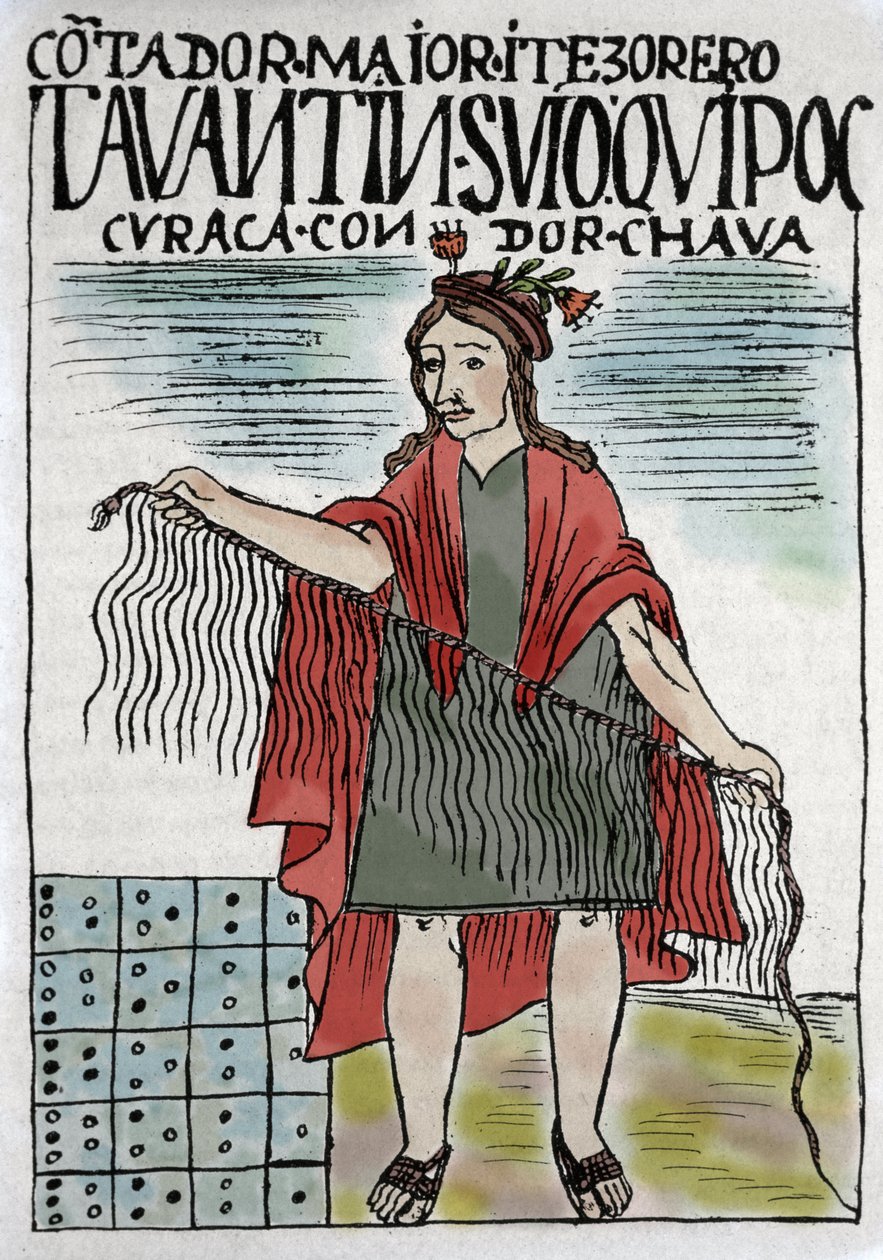 Quipu (Quipo Quipou) Inca-regnskapssystem i tau og knuter, inkakultur 1400-1532 e.Kr., manuskript av Felipe Guaman Puma de Ayala (New Chronicle and Good Government), indisk spaltist på 1500-tallet. av Felipe Huaman Poma de Ayala