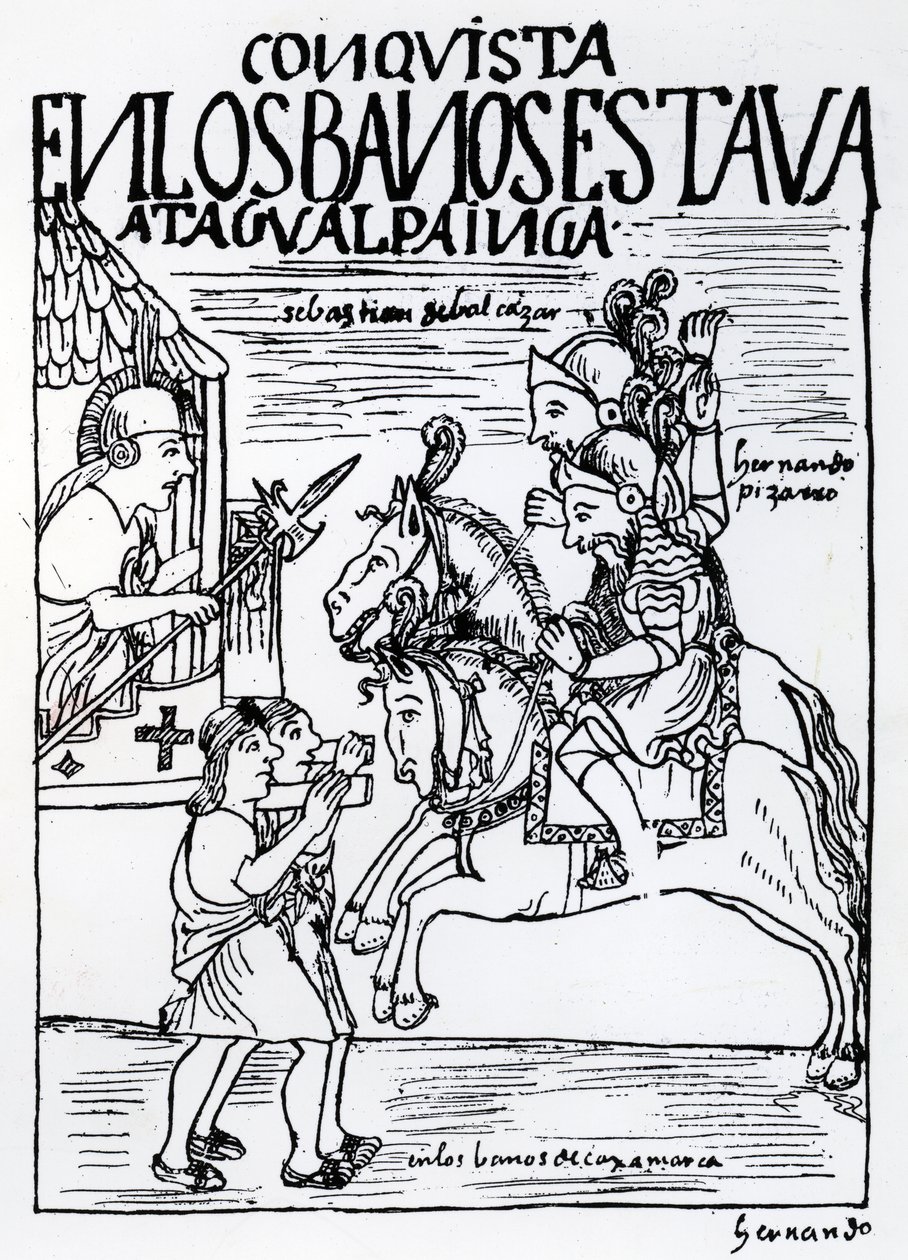 Sebastian de Benalcazar og Hernando Pizarro konfronterer Atahualpa Inca ved Royal Baths i Cajamarca (tresnitt) av Felipe Huaman Poma de Ayala