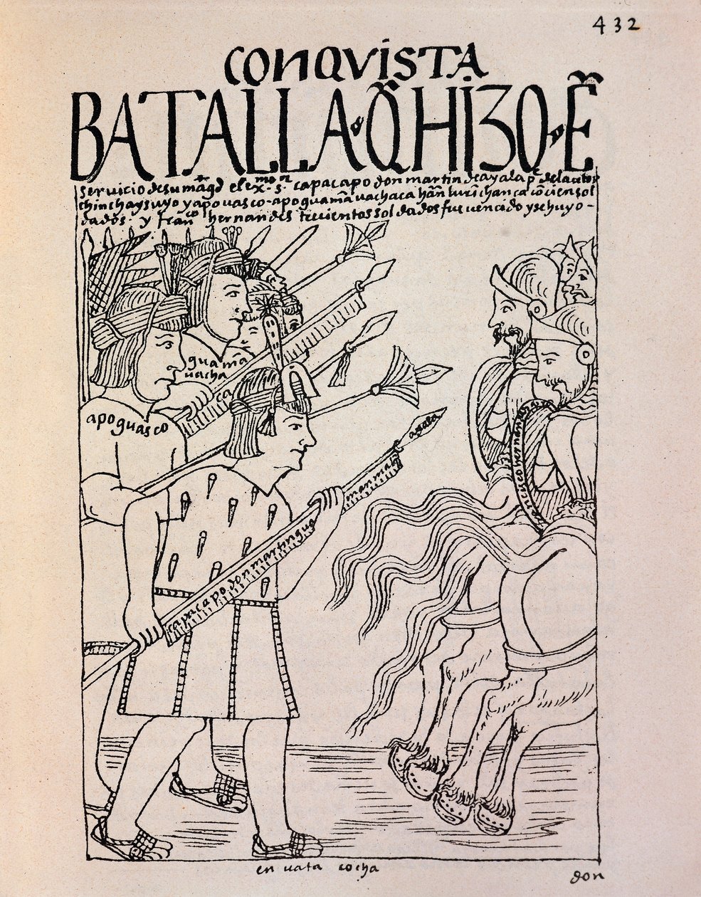 Erobringen av Cuzco av de spanske conquistadorene i 1533 (blekktegning av Felipe Huaman Poma de Ayala