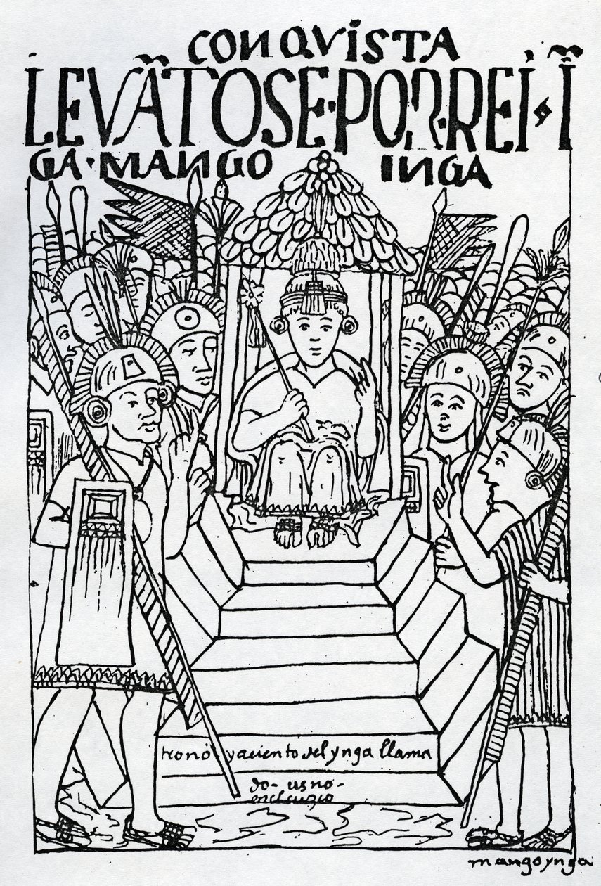 Den nykronede Manco Inca på tronen i Cuzco (tresnitt) av Felipe Huaman Poma de Ayala