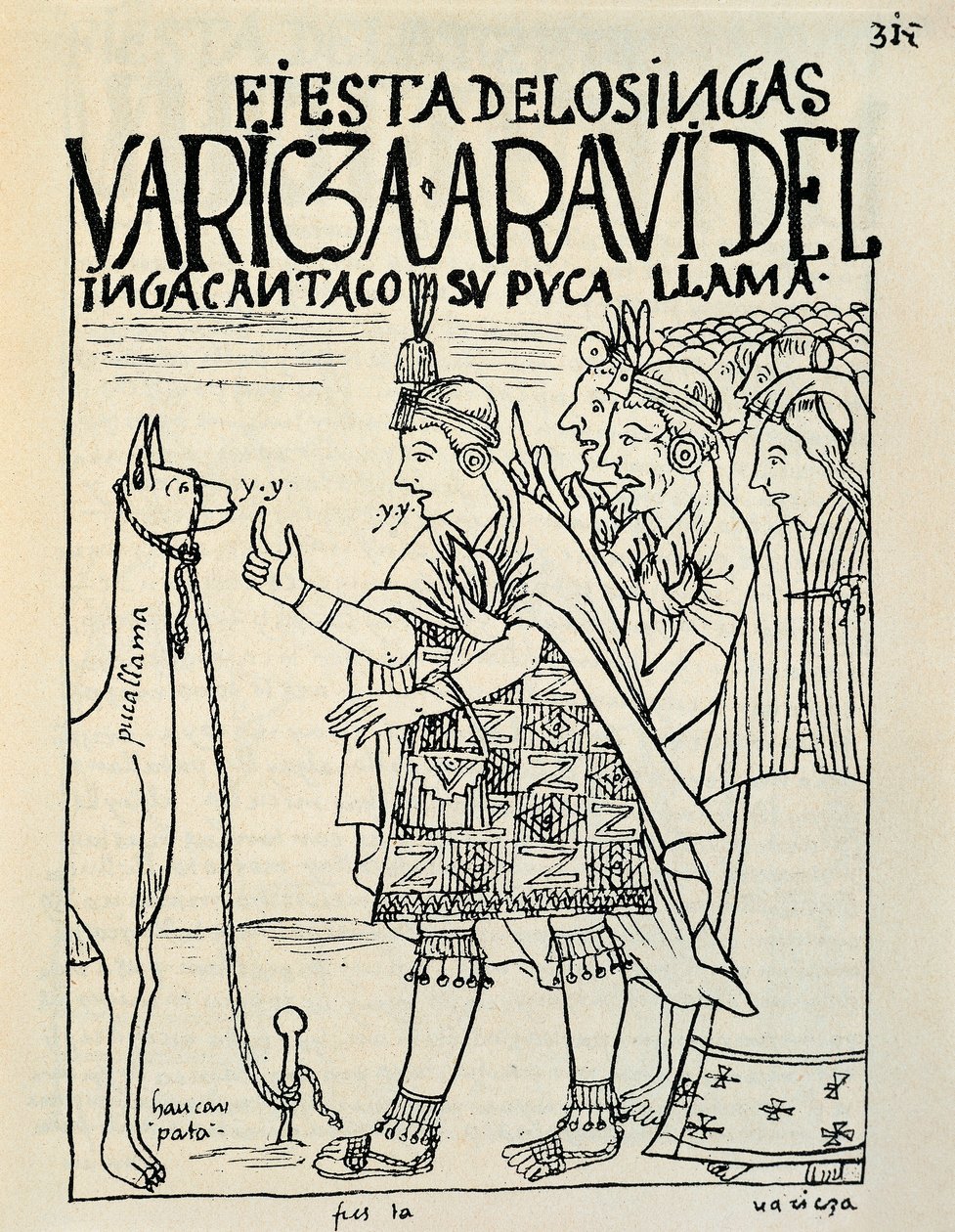 Ofringen av en lama i anledning en inkaritue (blekktegning, ca. 1587) av Felipe Huaman Poma de Ayala
