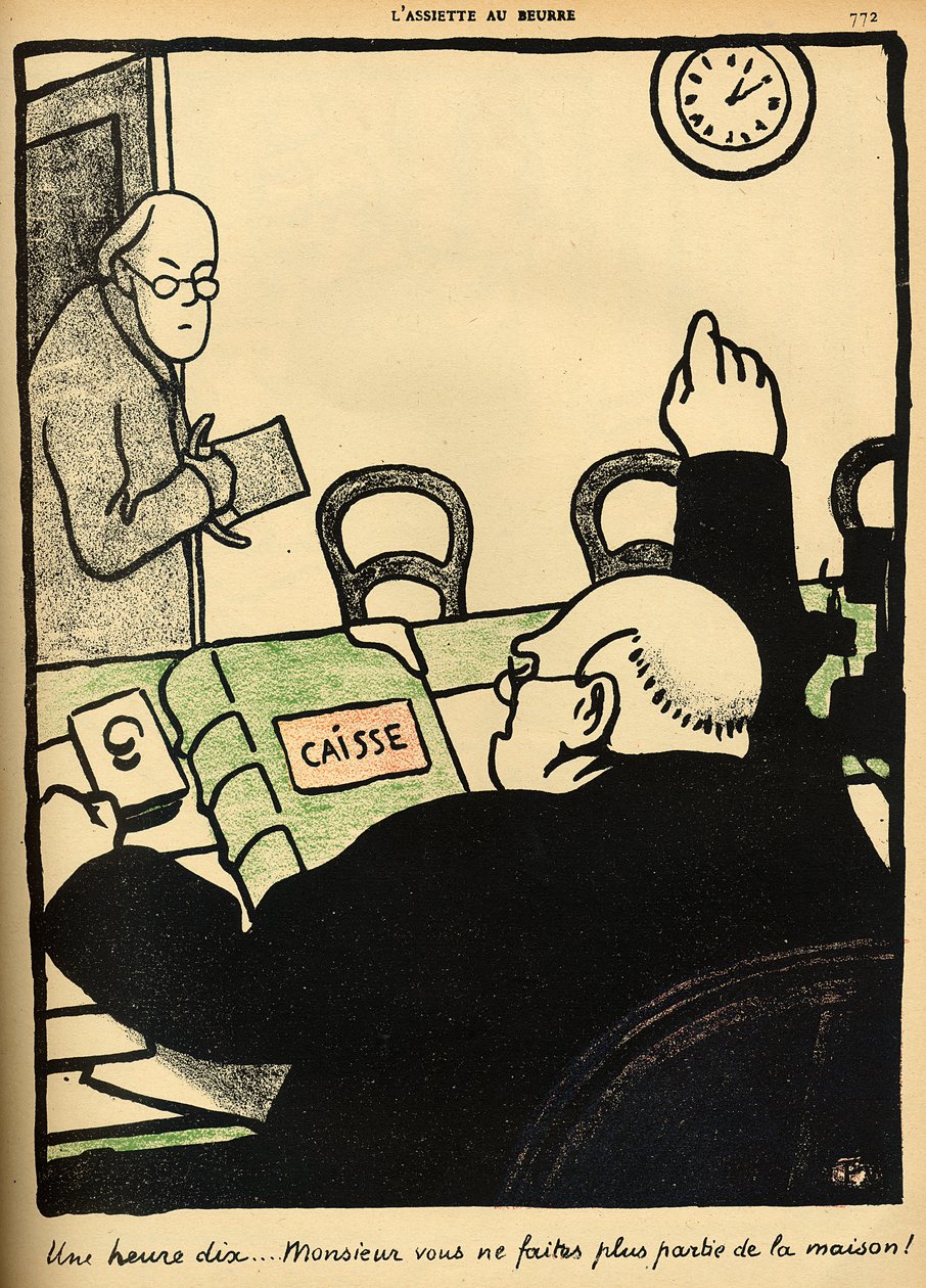 En arbeidsgiver sparker en av hans ansatte, fra 'Crimes and Punishments', spesialutgave av 'L'Assiette au Beurre', 1. mars 1902 av Felix Edouard Vallotton