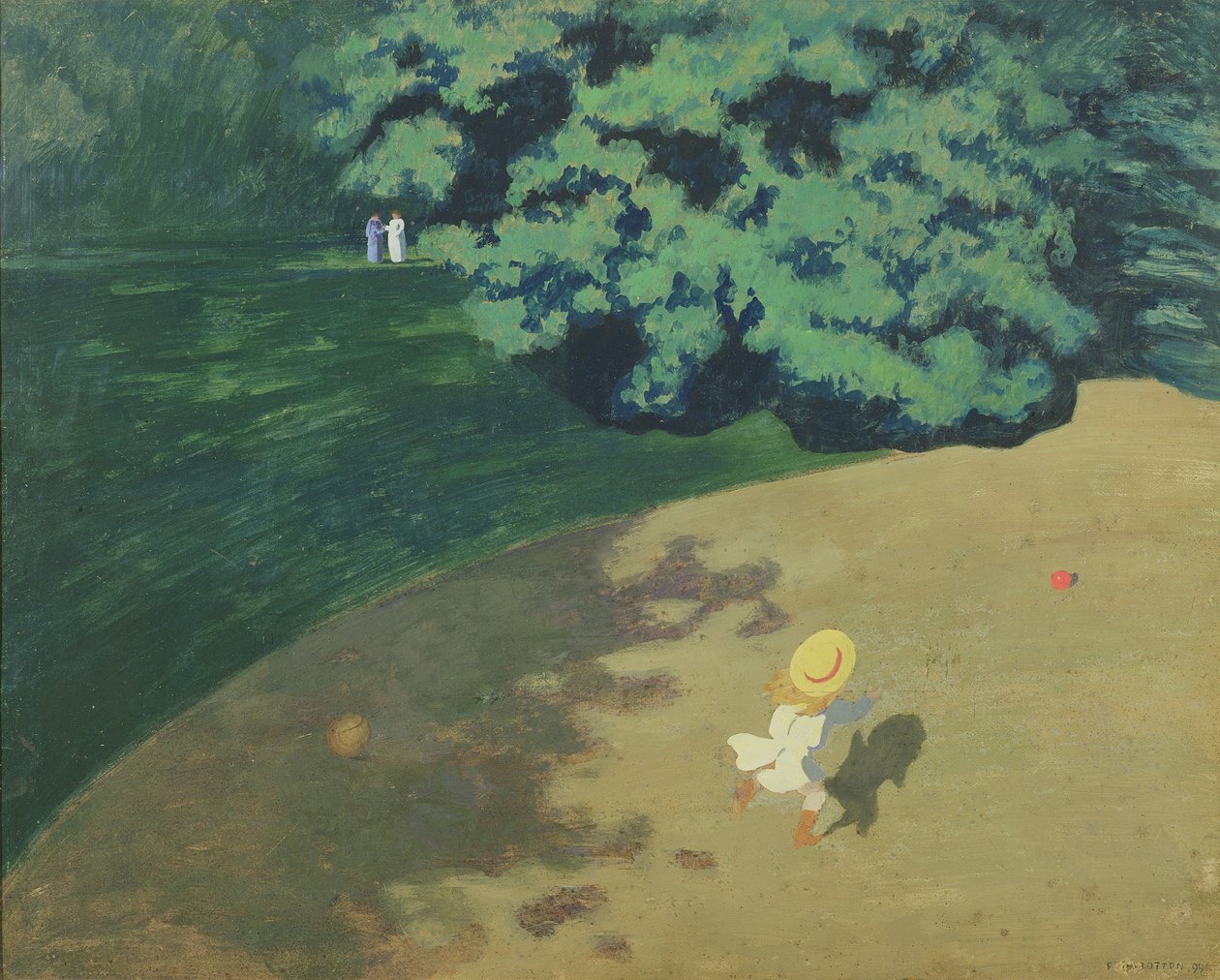 Ballongen eller hjørnet av en park med et barn som leker med en ballong, 1899 (olje på kort på panel) av Felix Edouard Vallotton