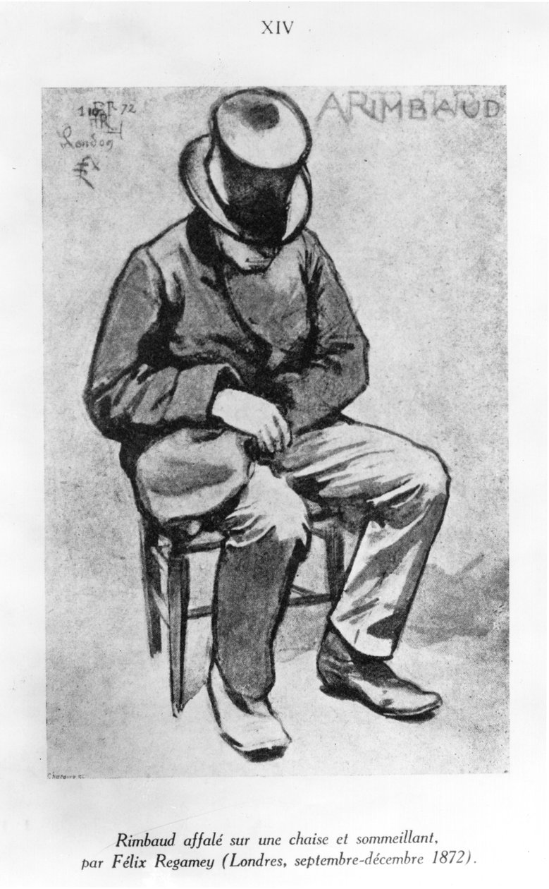 Arthur Rimbaud (1854-91) falt sammen på en stol og slumret, i London, 1872 (vask og blekk på papir) av Felix Regamey