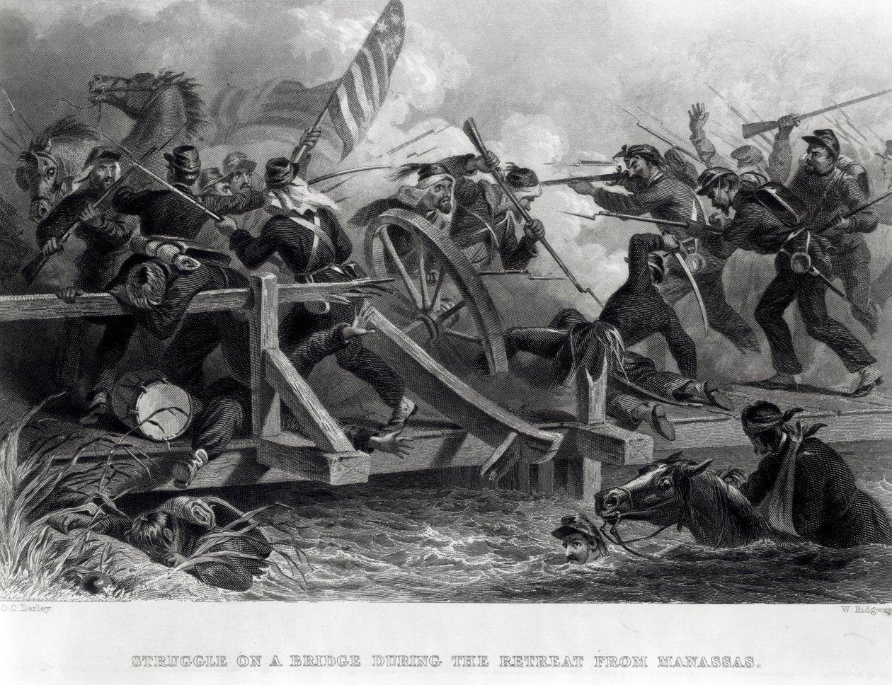 Struggle on a Bridge Under retretten fra Manassas, juli 1861, gravert av W. Ridgway, 1862 av Felix Octavius Carr Darley