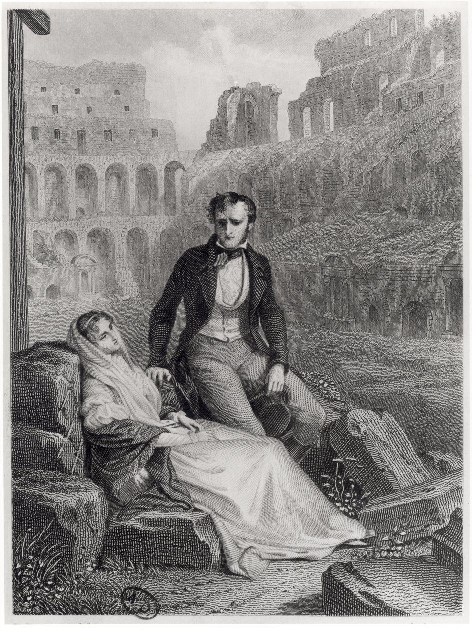 Francois Rene (1768-1848) Vicomte de Chateaubriand og Pauline de Beaumont i ruinene av Colosseum, illustrasjon fra 