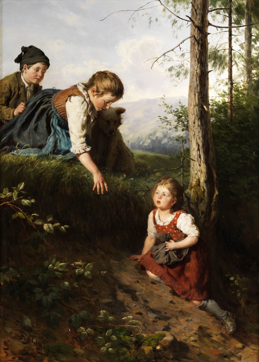 Tre barn plukker bær i skogen av Felix Schlesinger