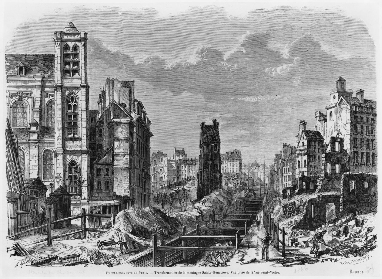 Forbedringer til Paris, transformasjon av Montagne Sainte-Genevieve, utsikt tatt fra rue Saint-Victor, 1877 av Felix Thorigny