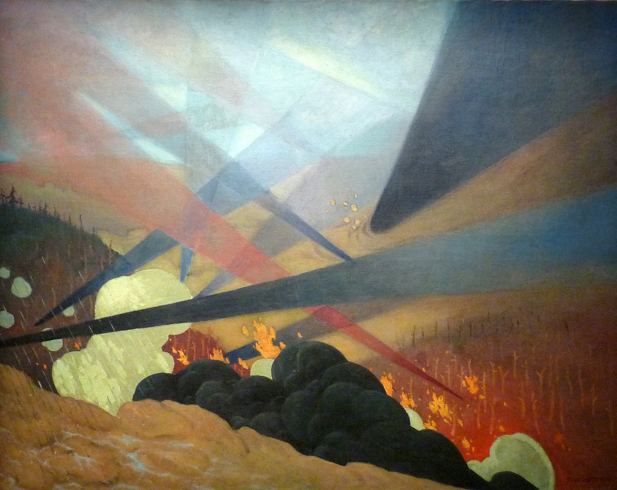 Verdun, tolket krigsmaleri, sorte, blå og røde fargeprøver, ødelagt terreng, skyer av gazn av Felix Edouard Vallotton