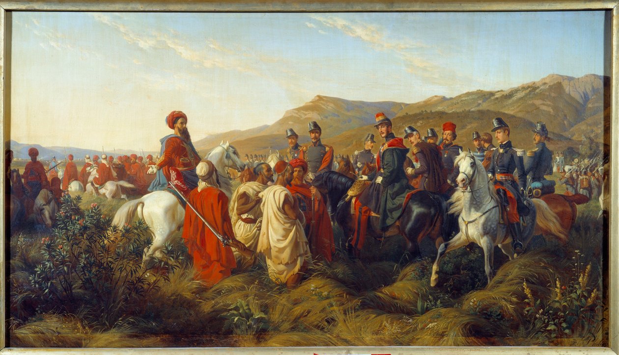 Conquete of Algeria (1830-1847): Episode av kampanjen i Algerie i 1840 - hertugen av Orleans Ferdinand Philippe (Ferdinand-Philippe) (1810-1842), sønn av kong Louis Philippe (Louis-Philippe) 1., gir frihet til to arabiske fanger nær leiren til Bl av Felix (after) Philippoteaux