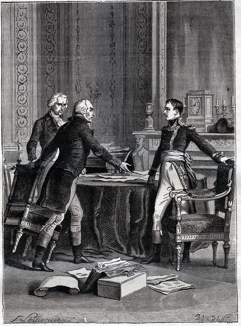 Første behandling av de tre konsulene i Peer-Luxembourg - Napoleon Bonaparte, Emmanuel Joseph Sieyes og Pierre Roger-Ducos 1799 - Gravering av Barbant, etter Philippoteaux - Første konsulat, 24. Frimaire VIII (15. desember 1799), første møte i første av Felix (after) Philippoteaux