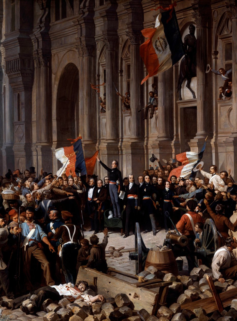 Revolusjonen i 1848: Alphonse de Lamartine (1790 - 1869), nektet det røde flagget for tricolor-flagget, ved rådhuset. Paris, 26. februar 1848. Detalj av maleri av Henri Felix Philippoteaux (1815 - 1884), Paris, Musee Du PetitPalais - revolusjonen i 1848 av Felix (after) Philippoteaux