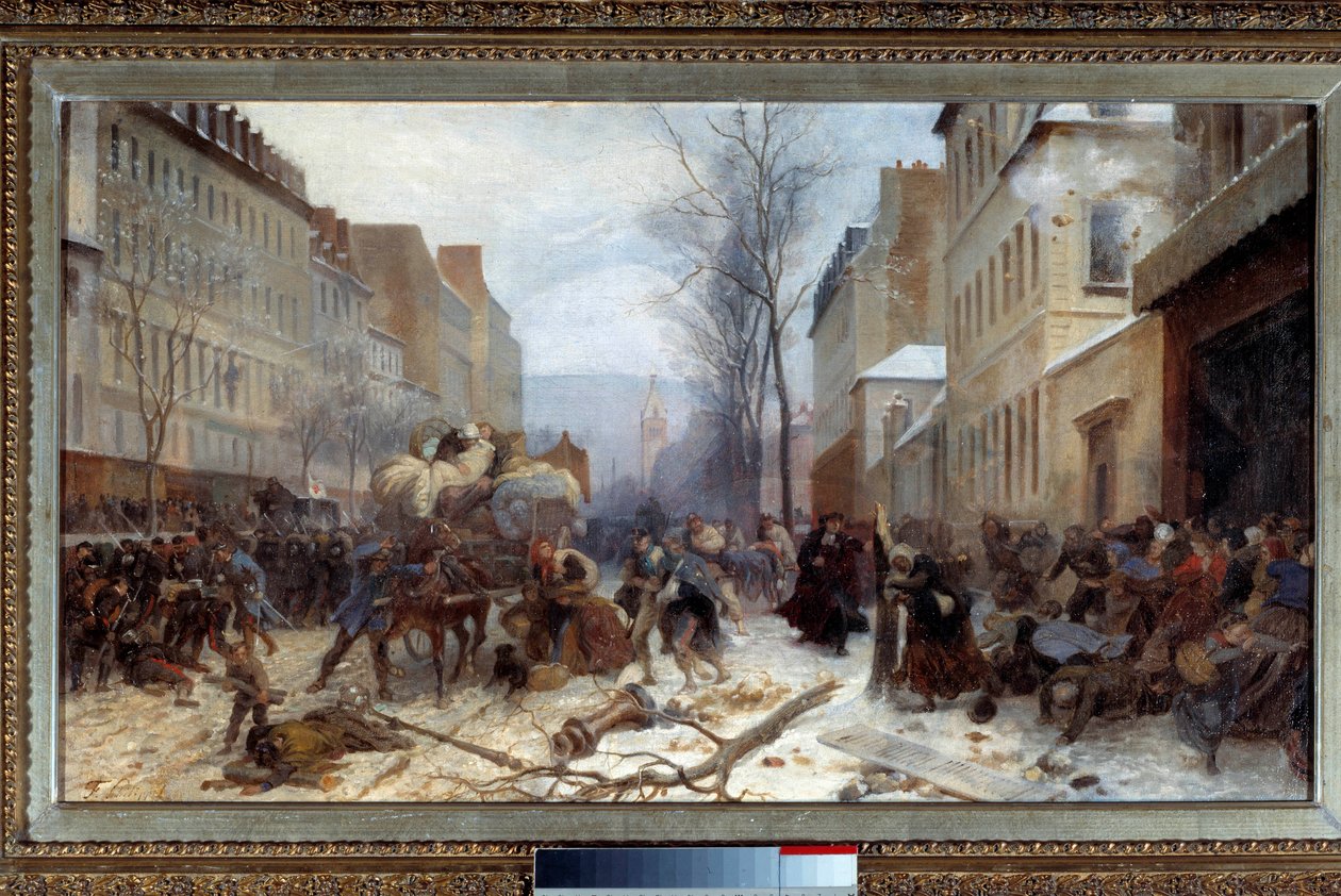 Scene for bombing i Paris av prøyssiske hærer i januar 1871 Krigen 1870-1871: beleiringen av Paris av den prøyssiske hæren. Maleri av Henri Felix Philippoteaux (1815-1884). Dim. 0,46 x 0,81 m. 1871. Paris, musee Carnavalet - Bombingscene i Paris av Pr av Felix (after) Philippoteaux