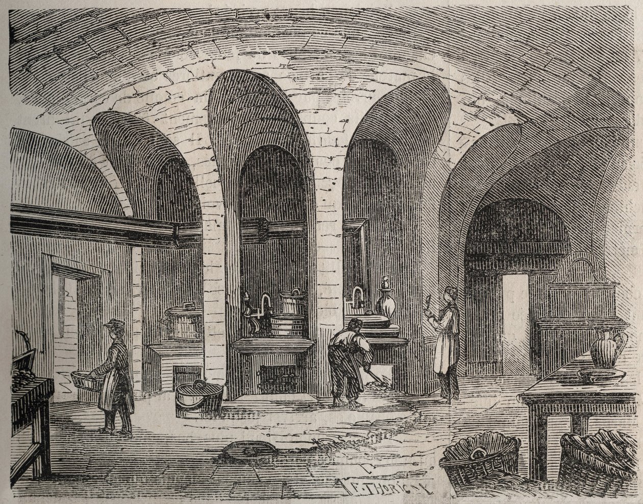 Paris - Prison de la petite Roquette (fengsel for kvinner og tenåringer) - Les Cuisines - Gravering av etter Felix Thorigny - i Le Monde Illustre fra juli 1865 av Felix (after) Thorigny