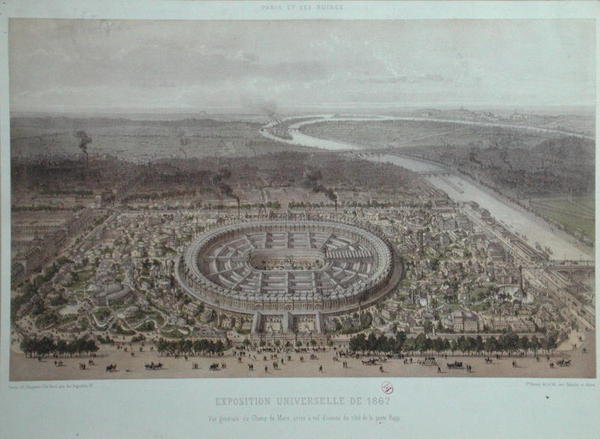 Generelt syn på verdensutstillingen i Paris i 1867, hentet fra Rapp-porten (farge litho) av Felix Benoist