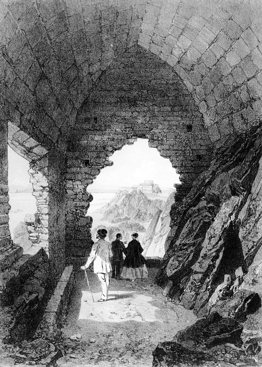 Saint Heliers Hermitage og Elizabeth Castle, Jersey, 1870 (litografi) av Felix Benoist