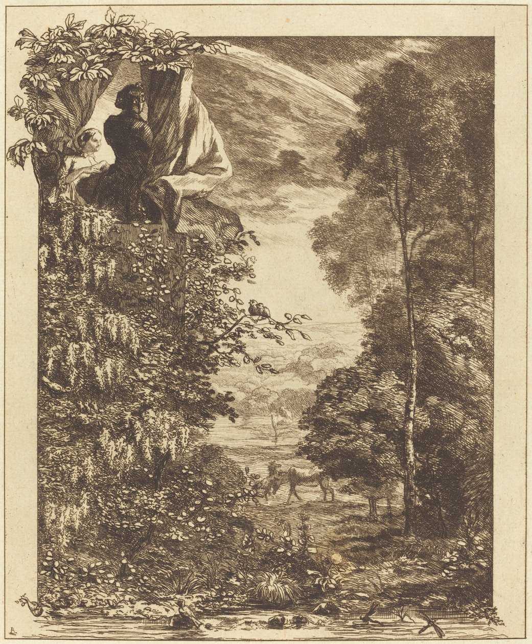 Et regnbuelandskap med to kvinner som ser på det ovenfra av Felix Bracquemond