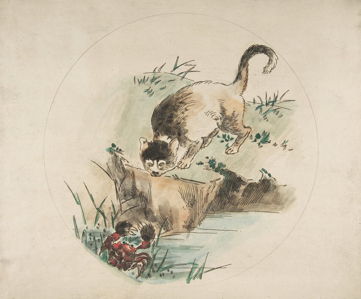 Dekorasjon for en tallerken: En katt som jakter på en krabbe, 1850-1914. av Felix Bracquemond