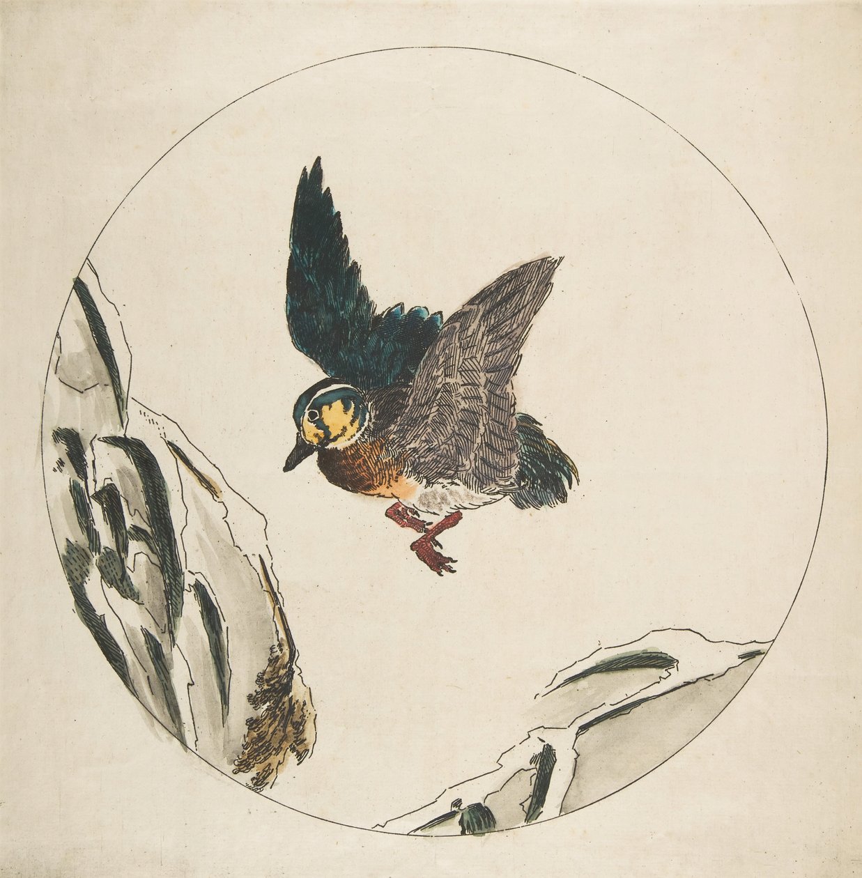Dekorasjon for en tallerken: En and som flyr over snødekte grener, 1850-1914. av Felix Bracquemond