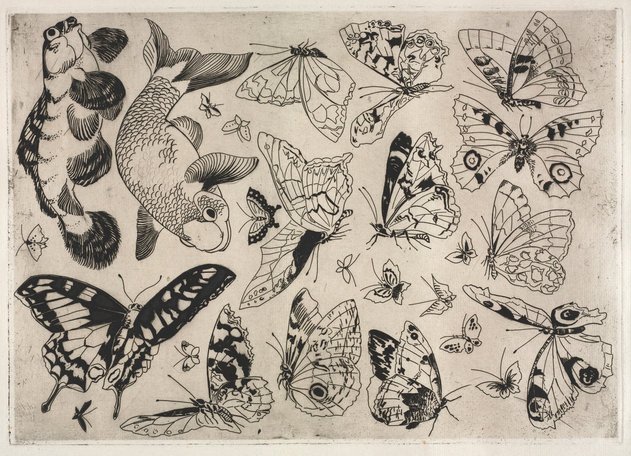 Middagsservering Rousseau-servering: Sommerfugler og fisk nr. 16, 1866. av Felix Bracquemond