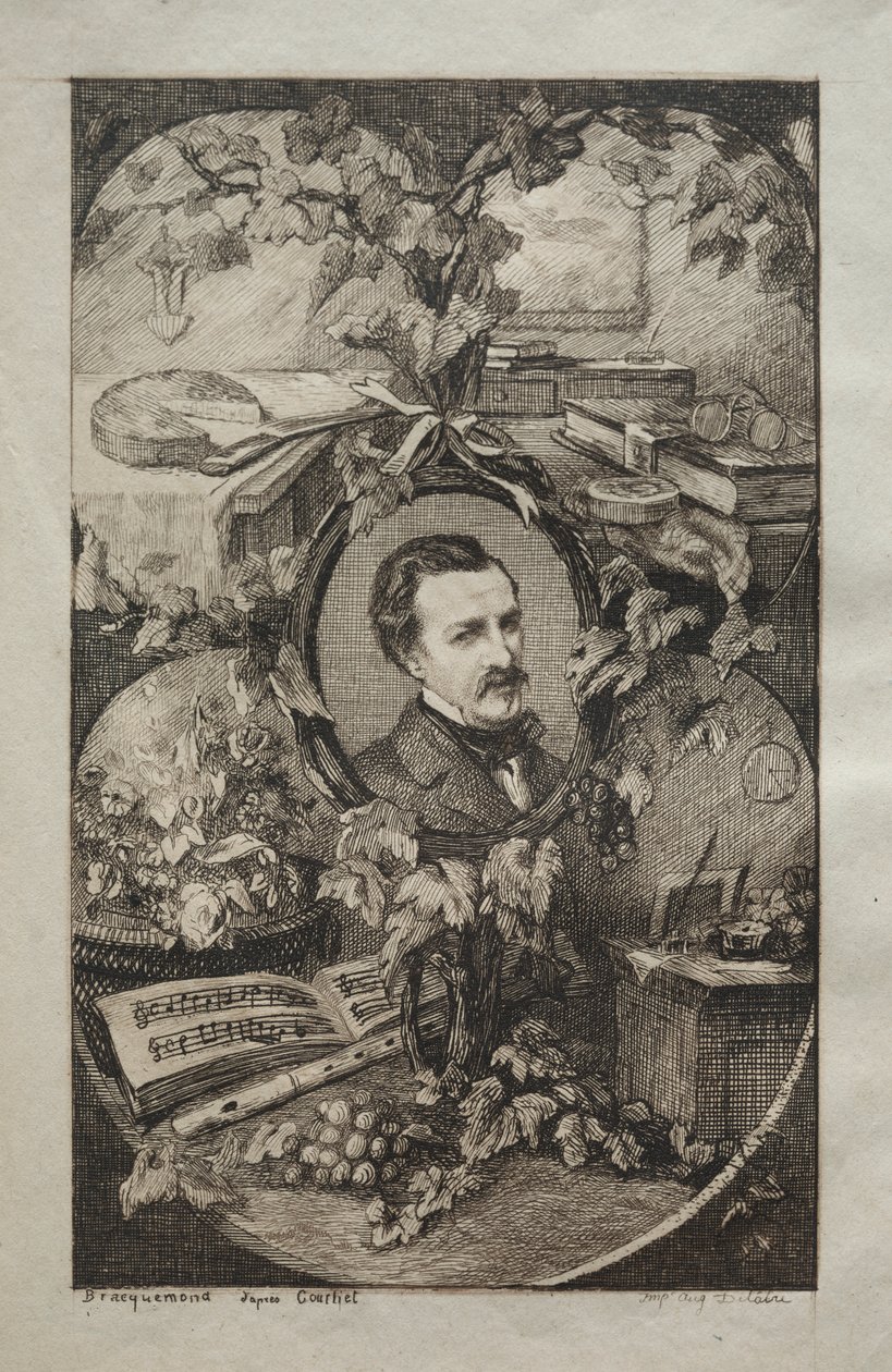 Frontispice for "New Works of Champfleury, The Friends of Nature:" Portrett av Champfleury, etter Gustave Courbet av Felix Bracquemond